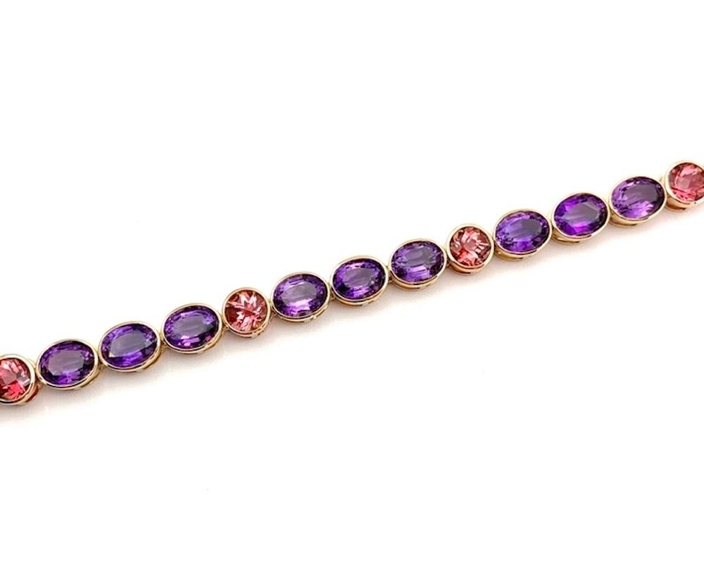 Women's Amethyst and Pink Tourmaline, Yellow and Rose Gold Bezel Set Tennis Bracelet For Sale