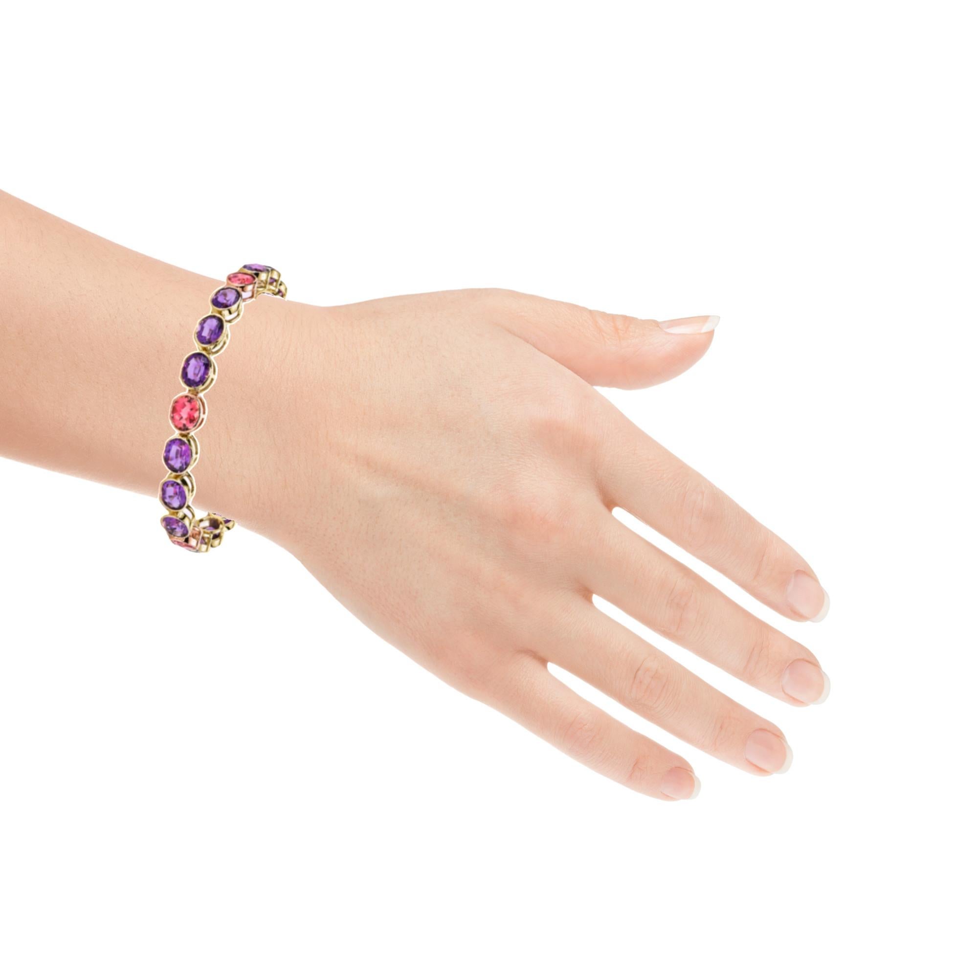 Amethyst and Pink Tourmaline, Yellow and Rose Gold Bezel Set Tennis Bracelet For Sale 7