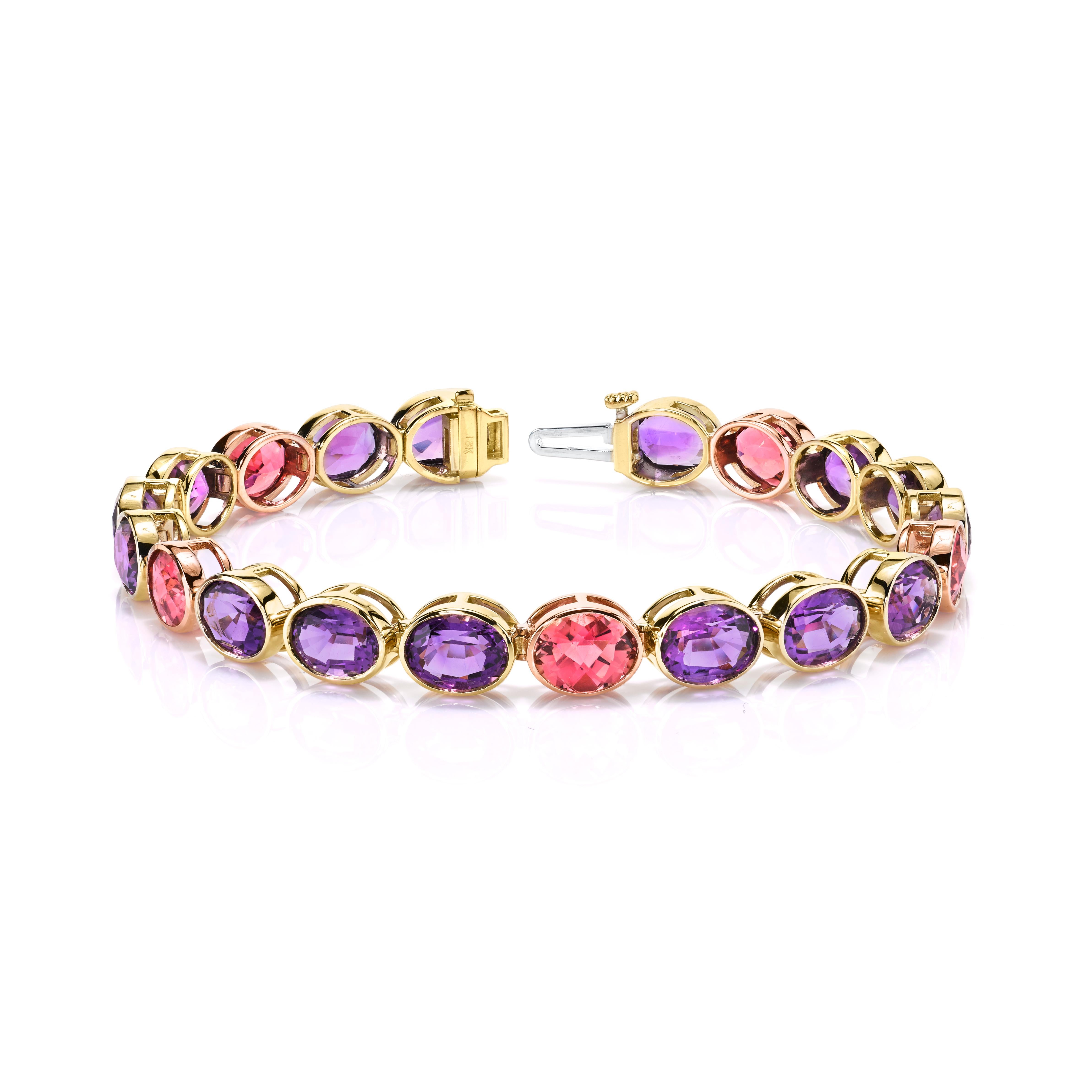 Tennisarmband mit Amethyst und rosafarbenem Turmalin, Lünette aus Gelb- und Roségold im Angebot 13