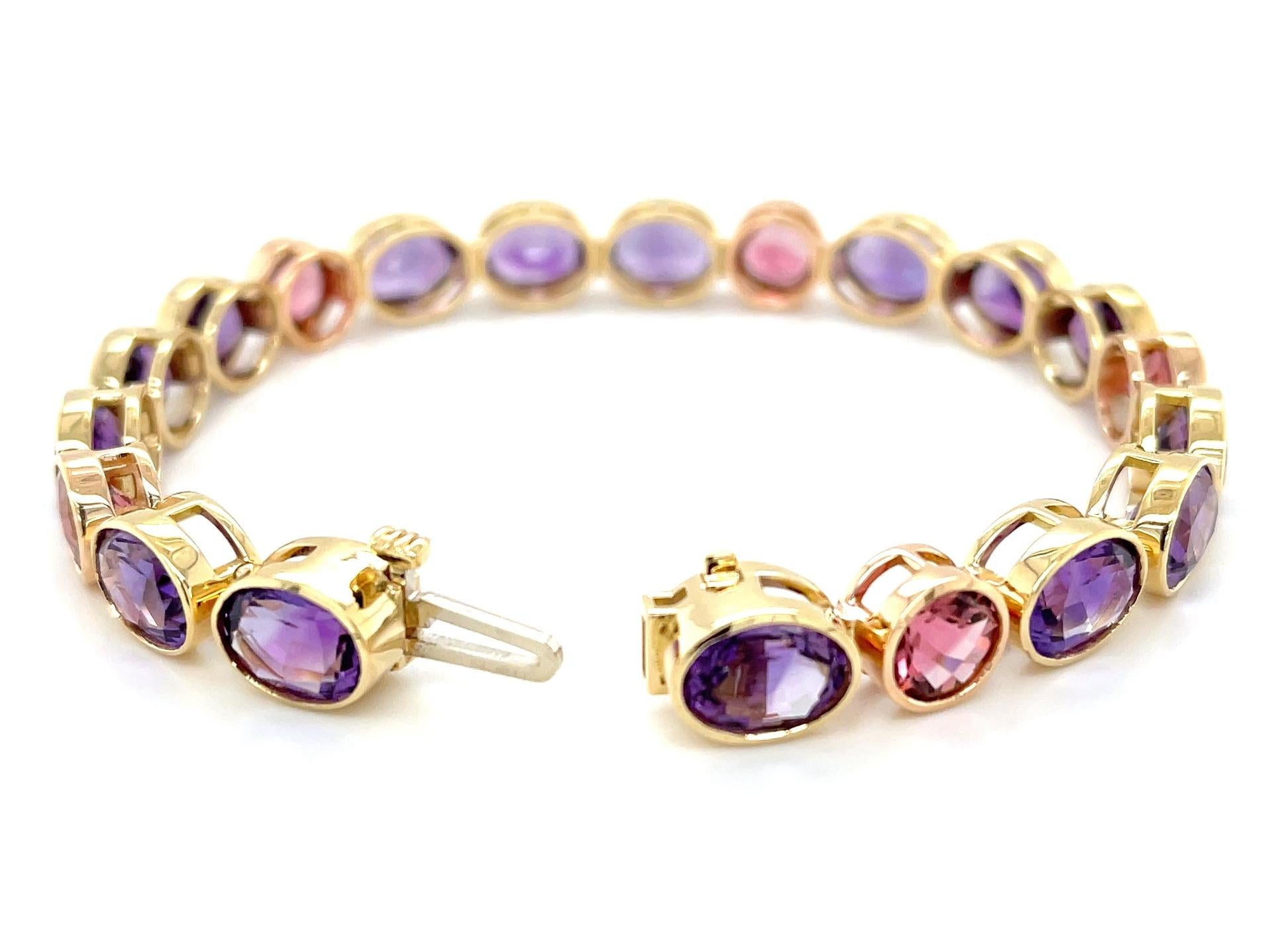 Oval Cut Amethyst and Pink Tourmaline, Yellow and Rose Gold Bezel Set Tennis Bracelet For Sale