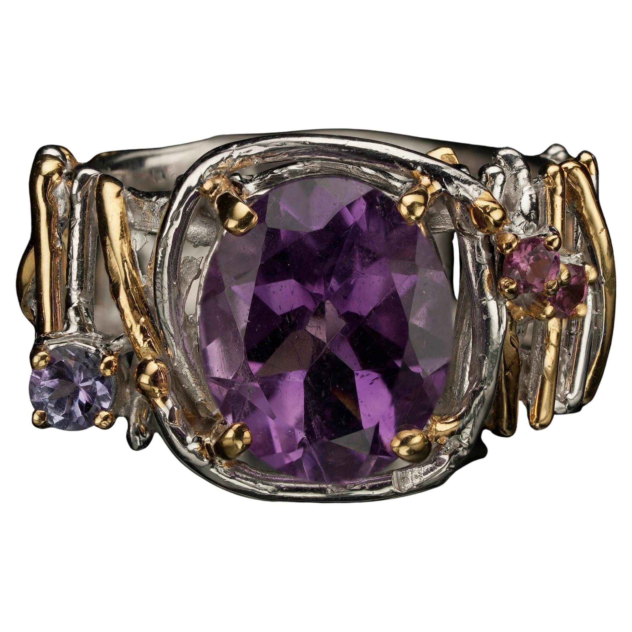 Amethyst and Rhodolite Cocktail Ring - Size 6.75
