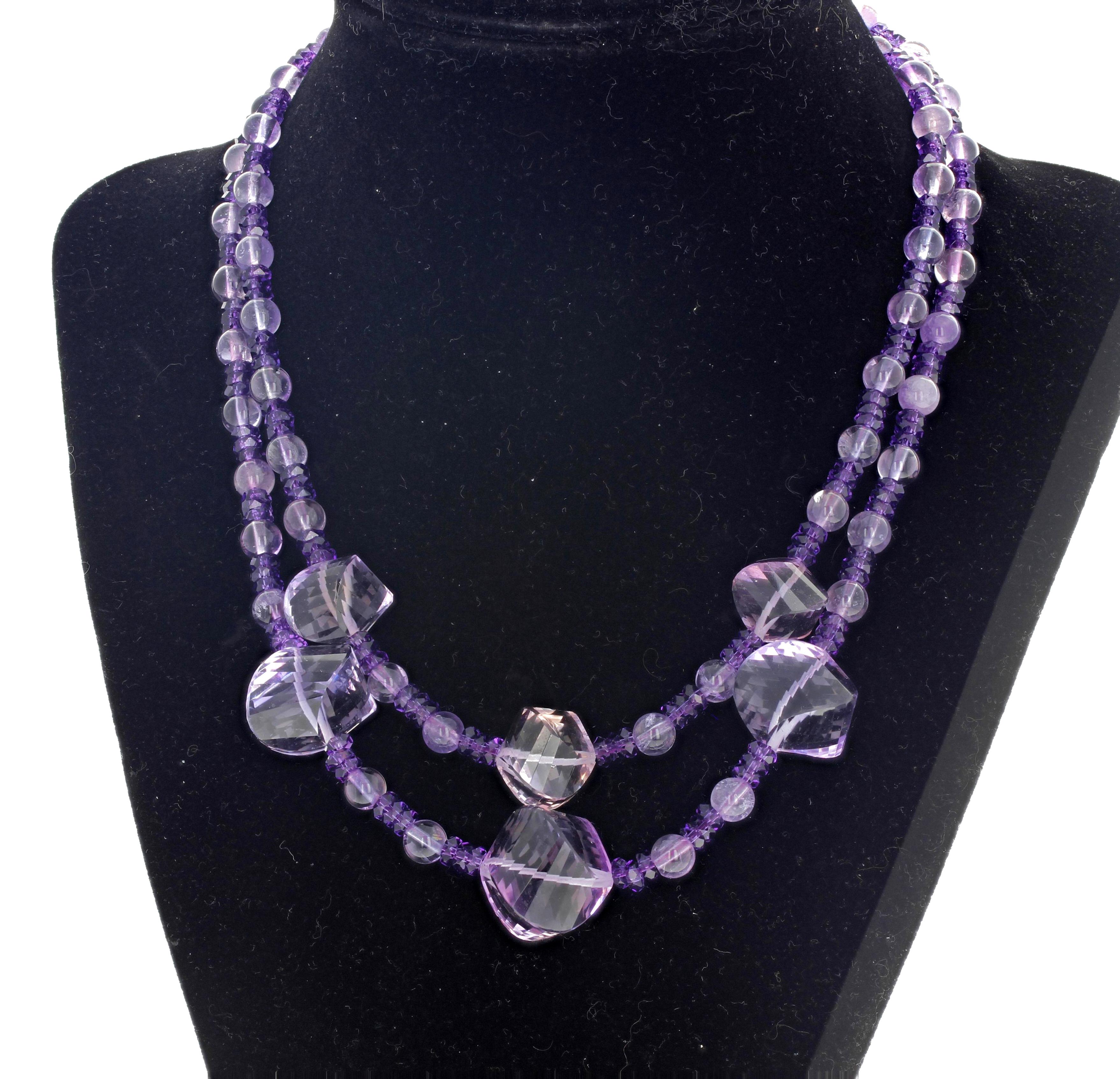 Mixed Cut AJD Gorgeous Amethyst & Rose of France Amethyst Double Strand Campaign Necklace For Sale