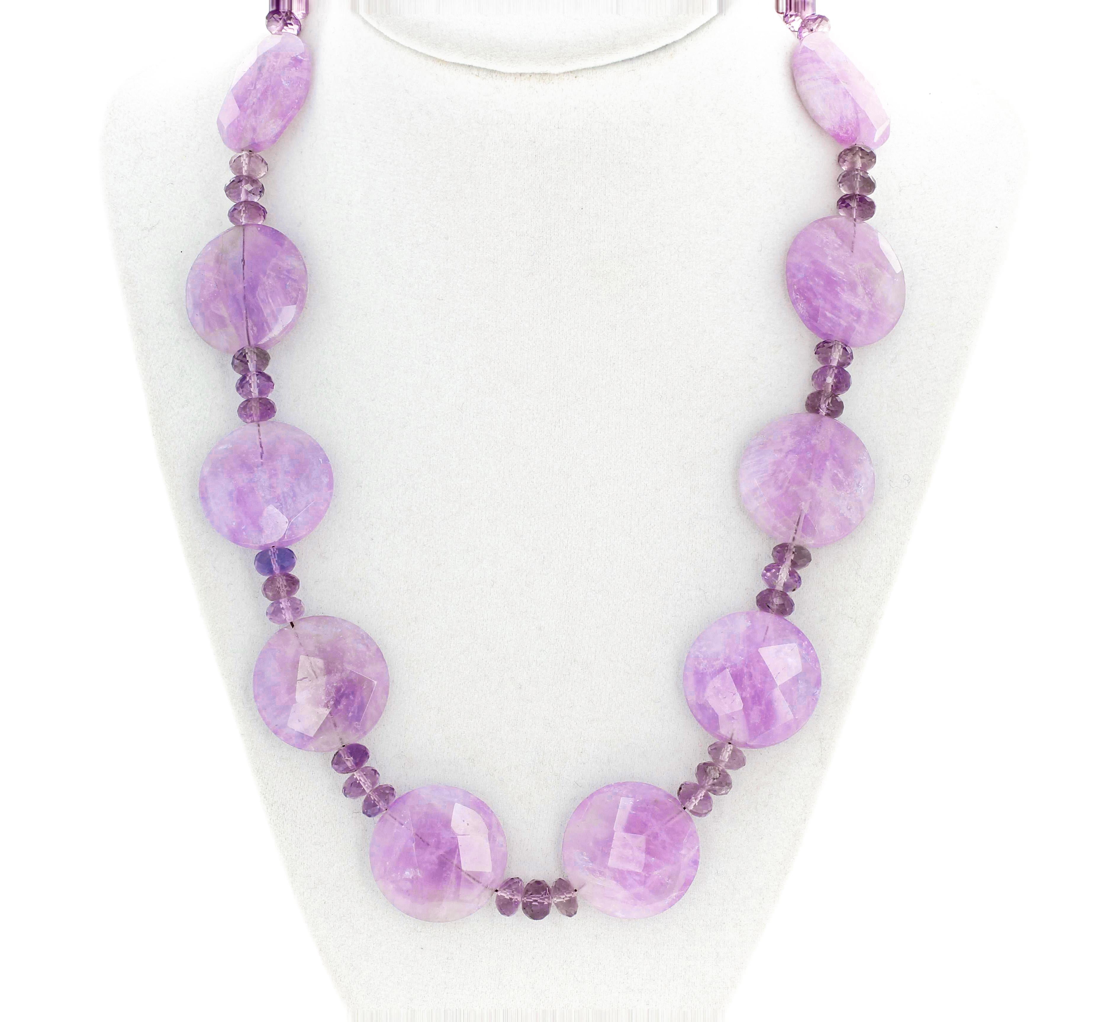 Softly glowing very elegant checkerboard gem cut highly polished coin cut (24 mm across) Amethyst rock enhanced with gem cut sparkling Rose of France set in a handmade unique 20 inch long necklace with silver hook clasp.  