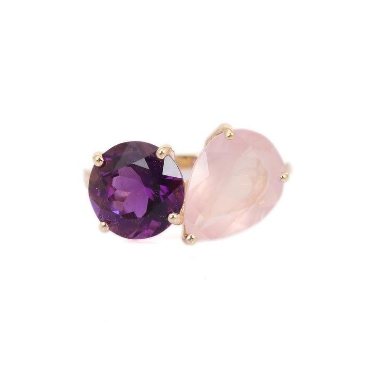 For Sale:  Amethyst and Rose Quartz Gemstone Ring in 14k Yellow Gold Toi Et Moi Ring 3