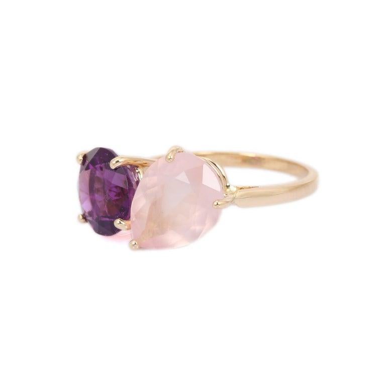 For Sale:  Amethyst and Rose Quartz Gemstone Ring in 14k Yellow Gold Toi Et Moi Ring 5