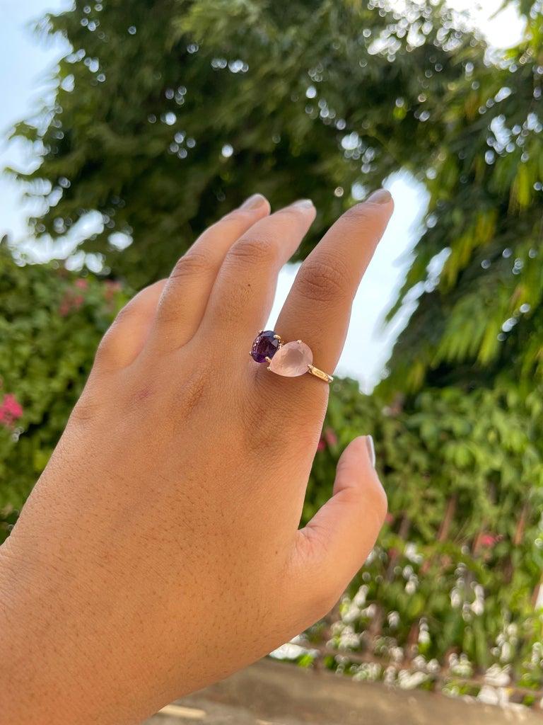 For Sale:  Amethyst and Rose Quartz Gemstone Ring in 14k Yellow Gold Toi Et Moi Ring 6