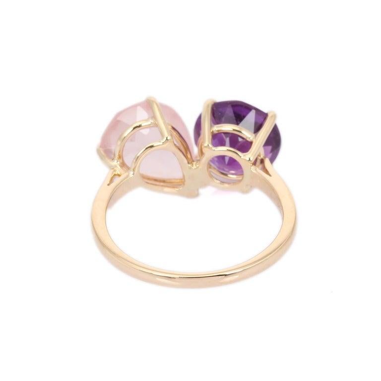 For Sale:  Amethyst and Rose Quartz Gemstone Ring in 14k Yellow Gold Toi Et Moi Ring 7