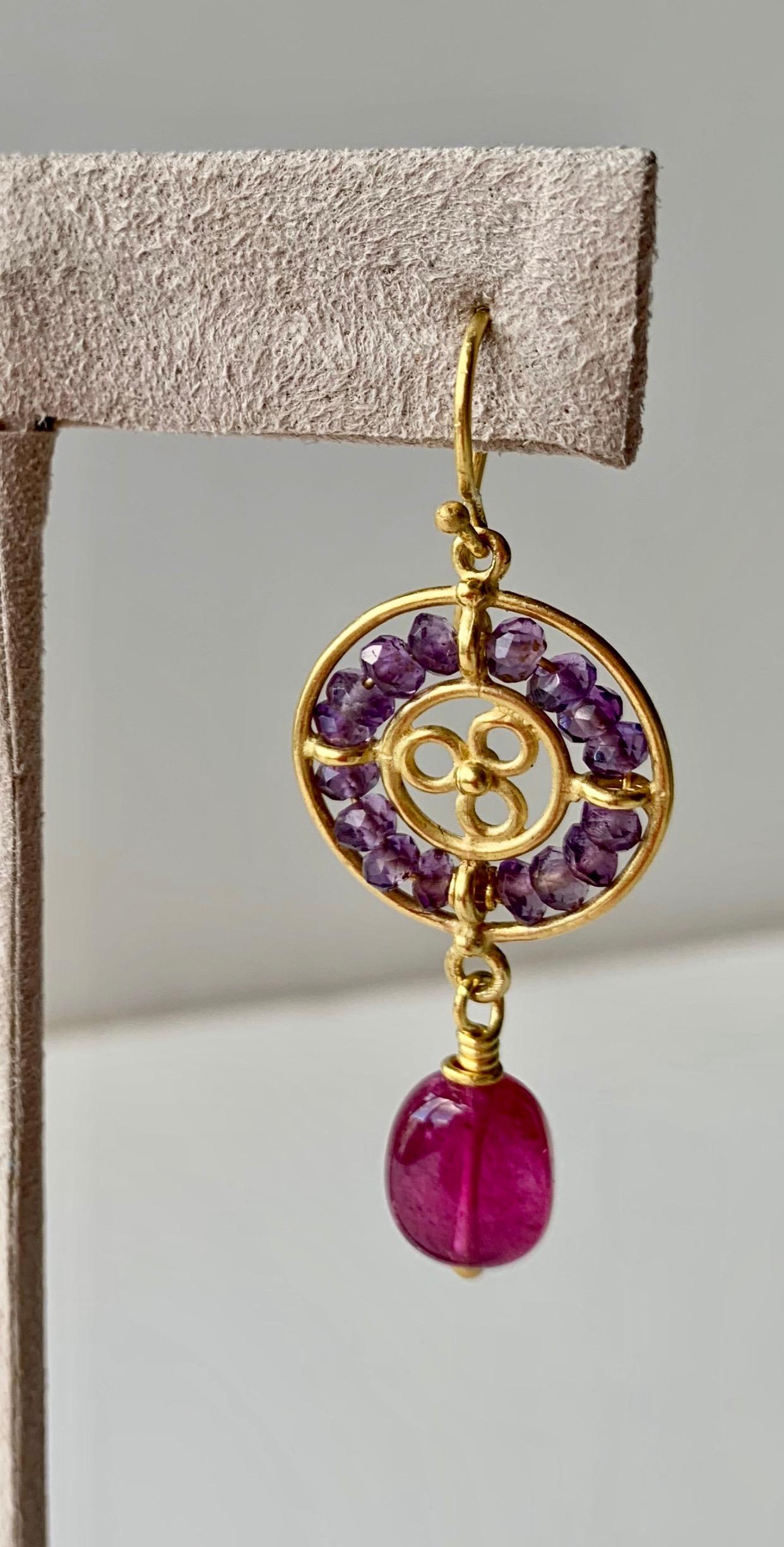 Handmade, ornate yet light, 20 karat gold open work earrings with amethyst beads and rubellite drop. Amethyst has been a prized gemstone over a millenia. Rubellite is a rare and vibrant stone  part of the tourmaline family and among it's most
