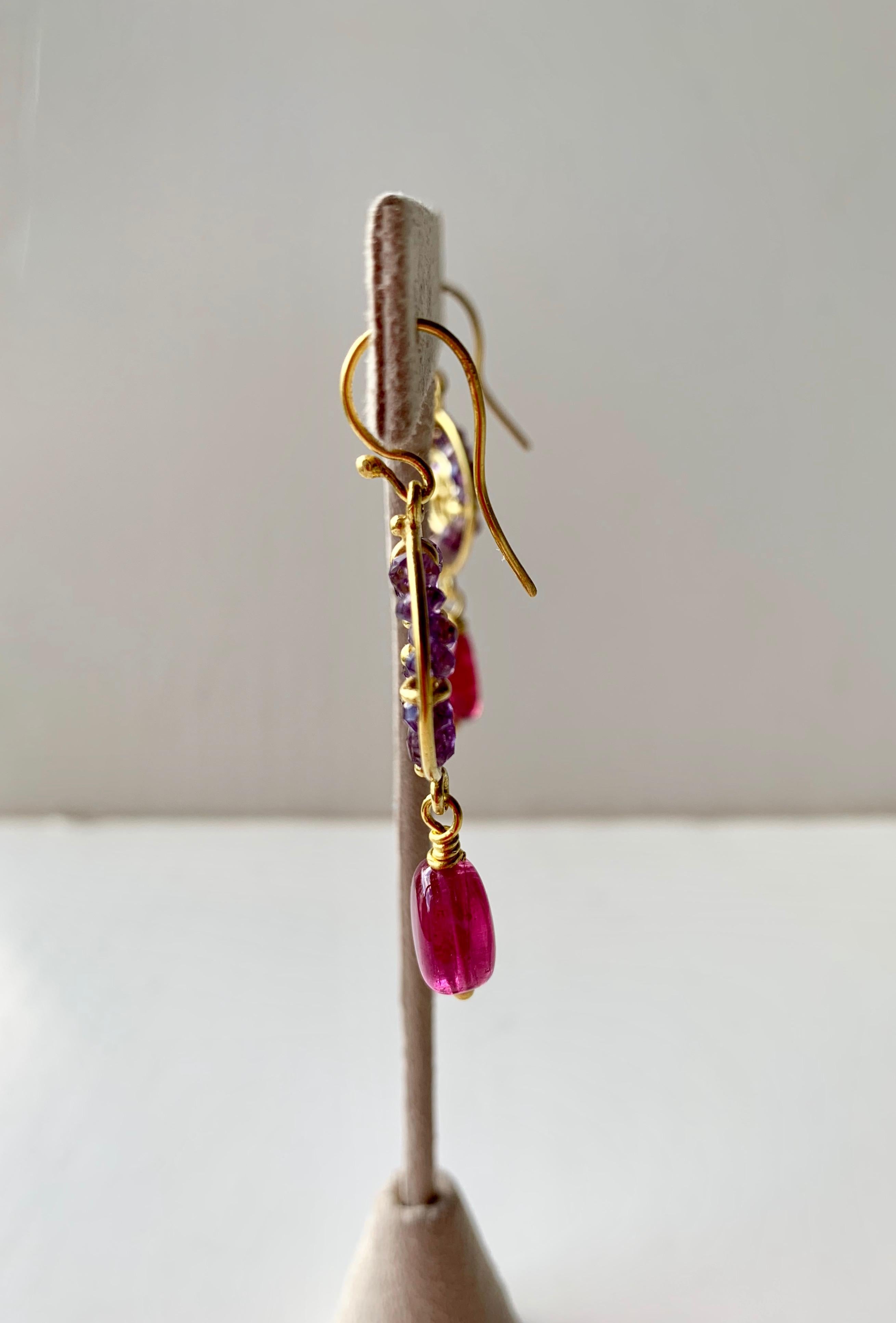 Artist Amethyst and Rubellite Tourmaline yellow Gold Earrings