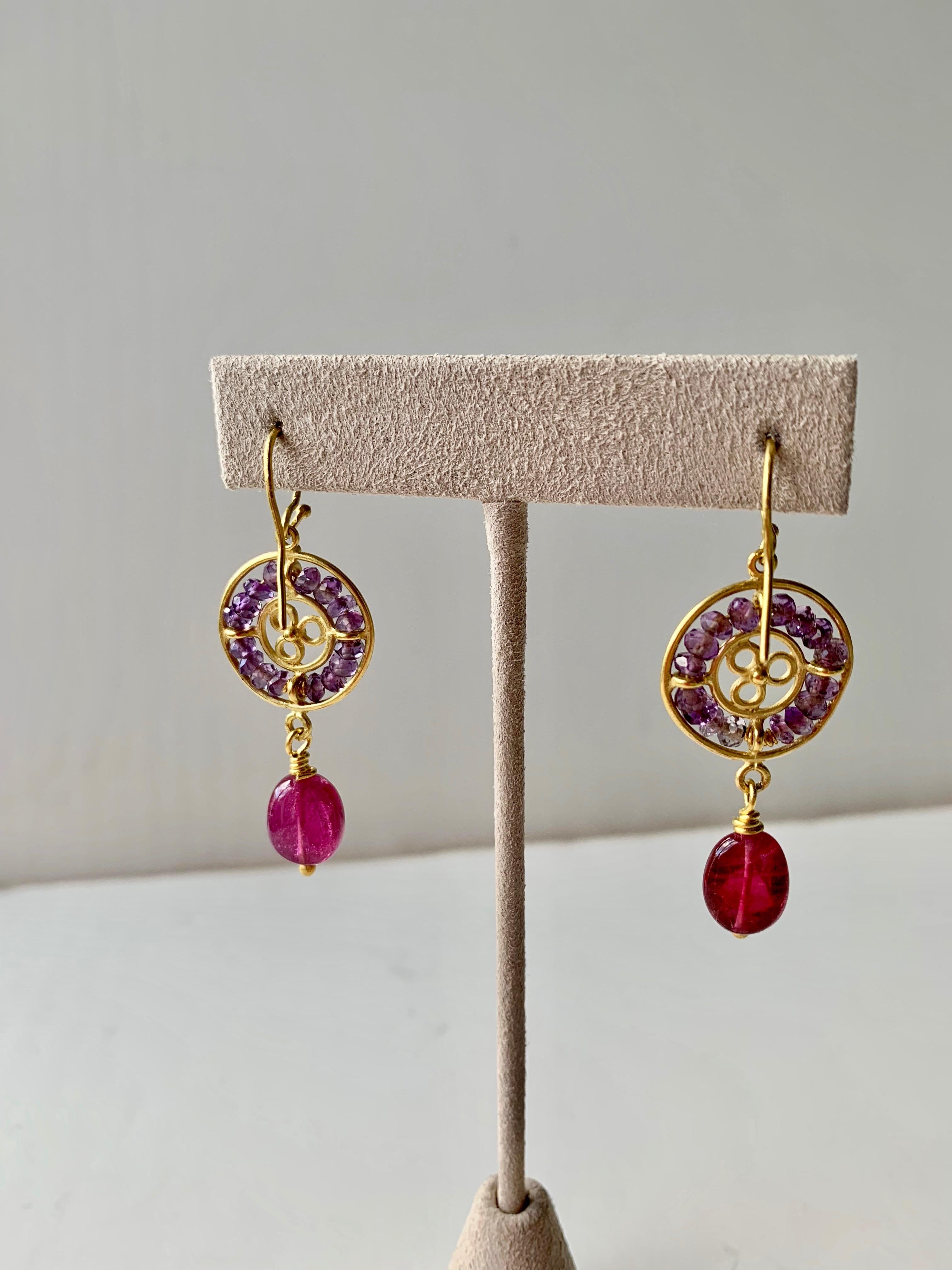 Bead Amethyst and Rubellite Tourmaline yellow Gold Earrings