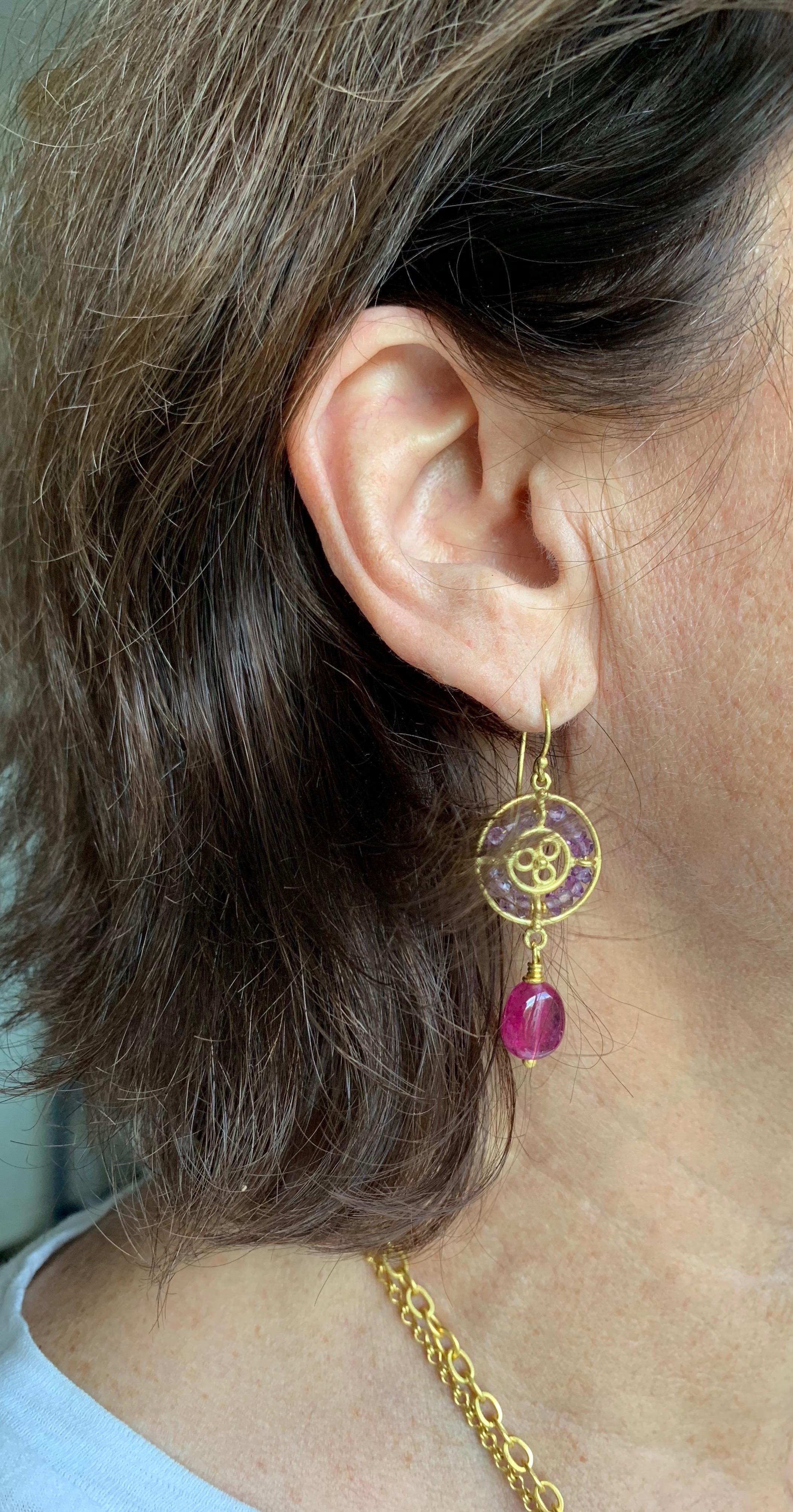 Amethyst and Rubellite Tourmaline yellow Gold Earrings In New Condition In New York, NY