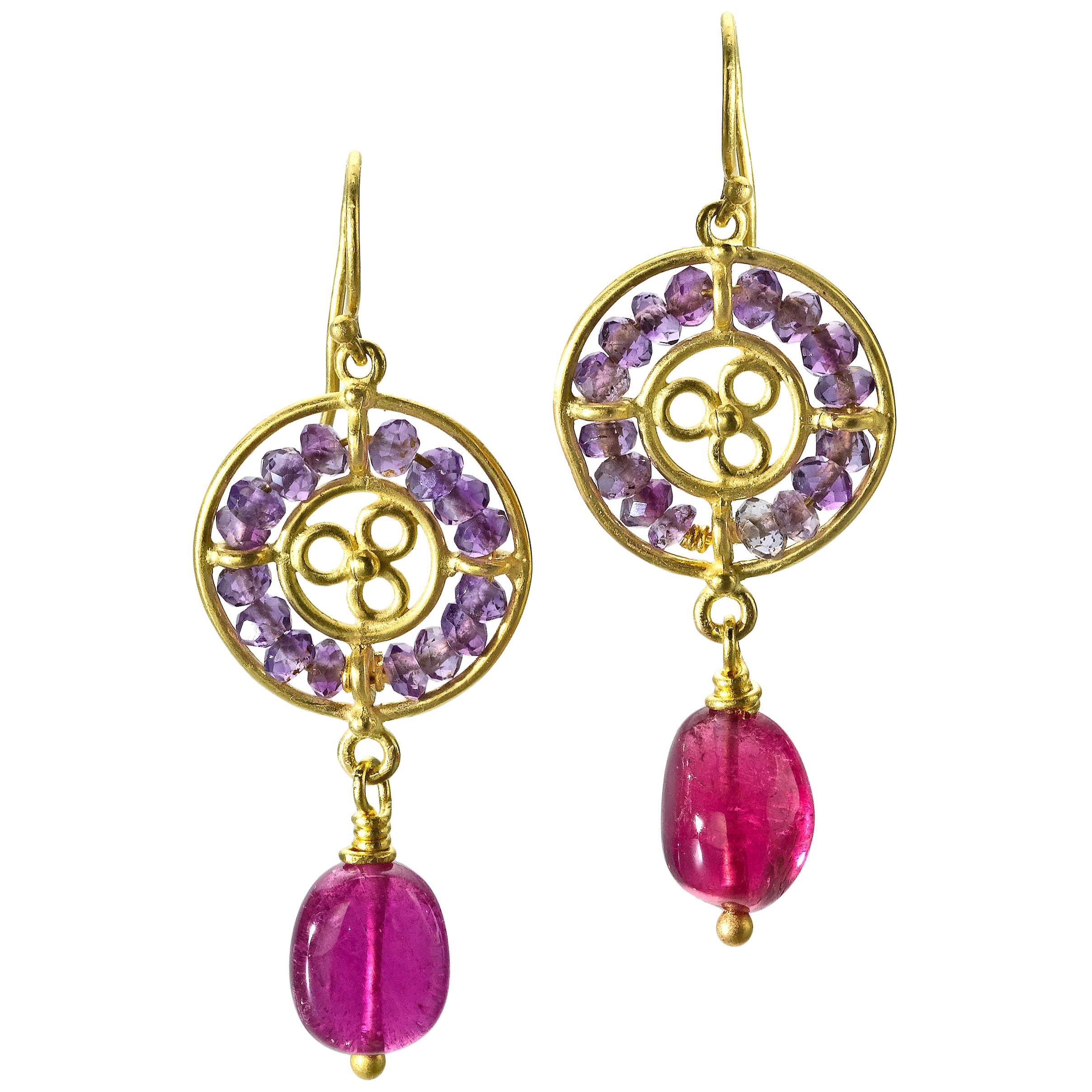 Amethyst and Rubellite Tourmaline yellow Gold Earrings