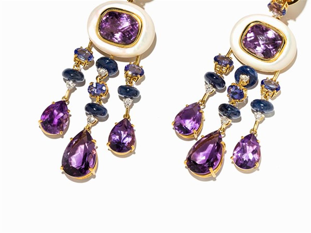 Empire Amethyst and Sapphire Tube Hanger Earrings in 18 Karat Gold