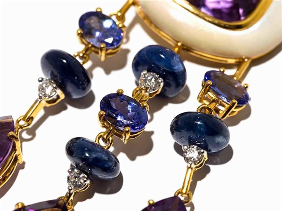 Women's beautiful long Amethyst and Sapphire Tube earrings 18k gold For Sale
