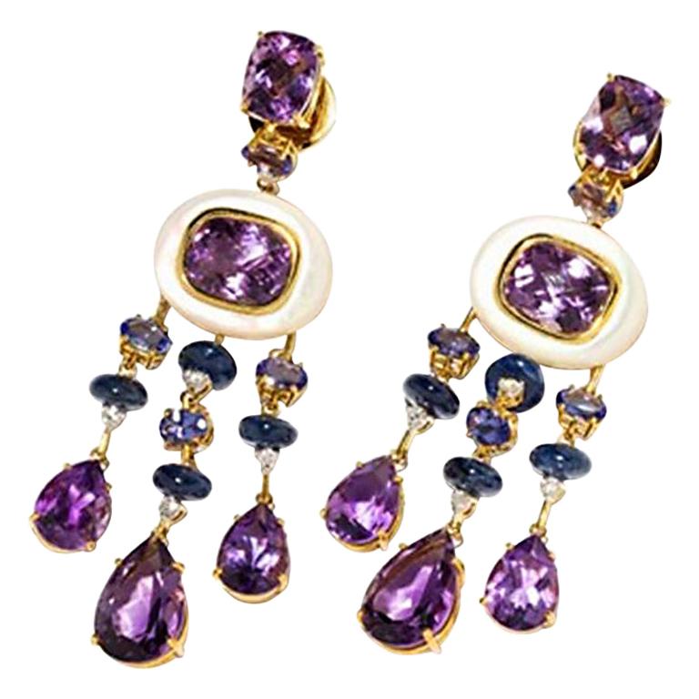 beautiful long Amethyst and Sapphire Tube earrings 18k gold For Sale