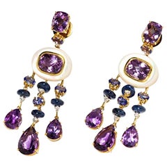 Amethyst and Sapphire Tube Hanger Earrings in 18 Karat Gold