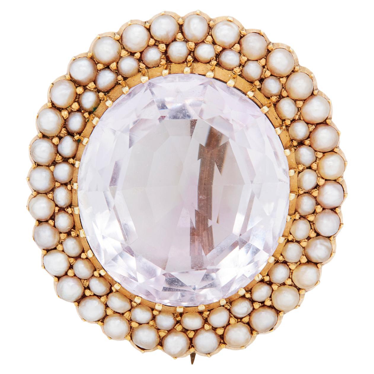 Amethyst and Seed Pearl 15 Carat Yellow Gold Oval Halo Cluster Brooch