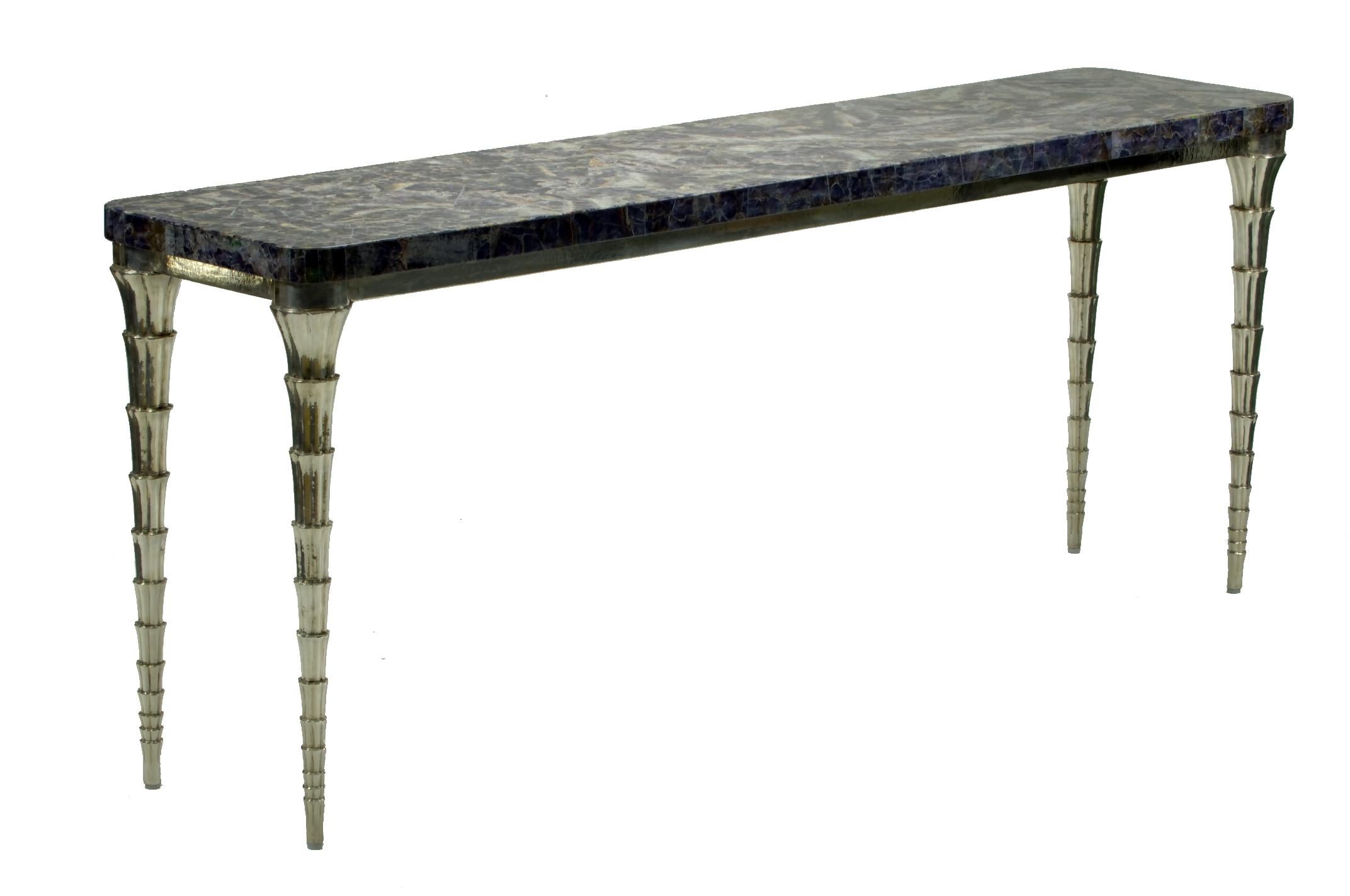 Long Narrow Console Table in Amethyst & White Bronze Clad Handmade by P. Mathieu In New Condition For Sale In New York, NY