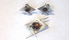 Amethyst and Silver Art Deco Geometric Brooch Earrings Set 1930s
