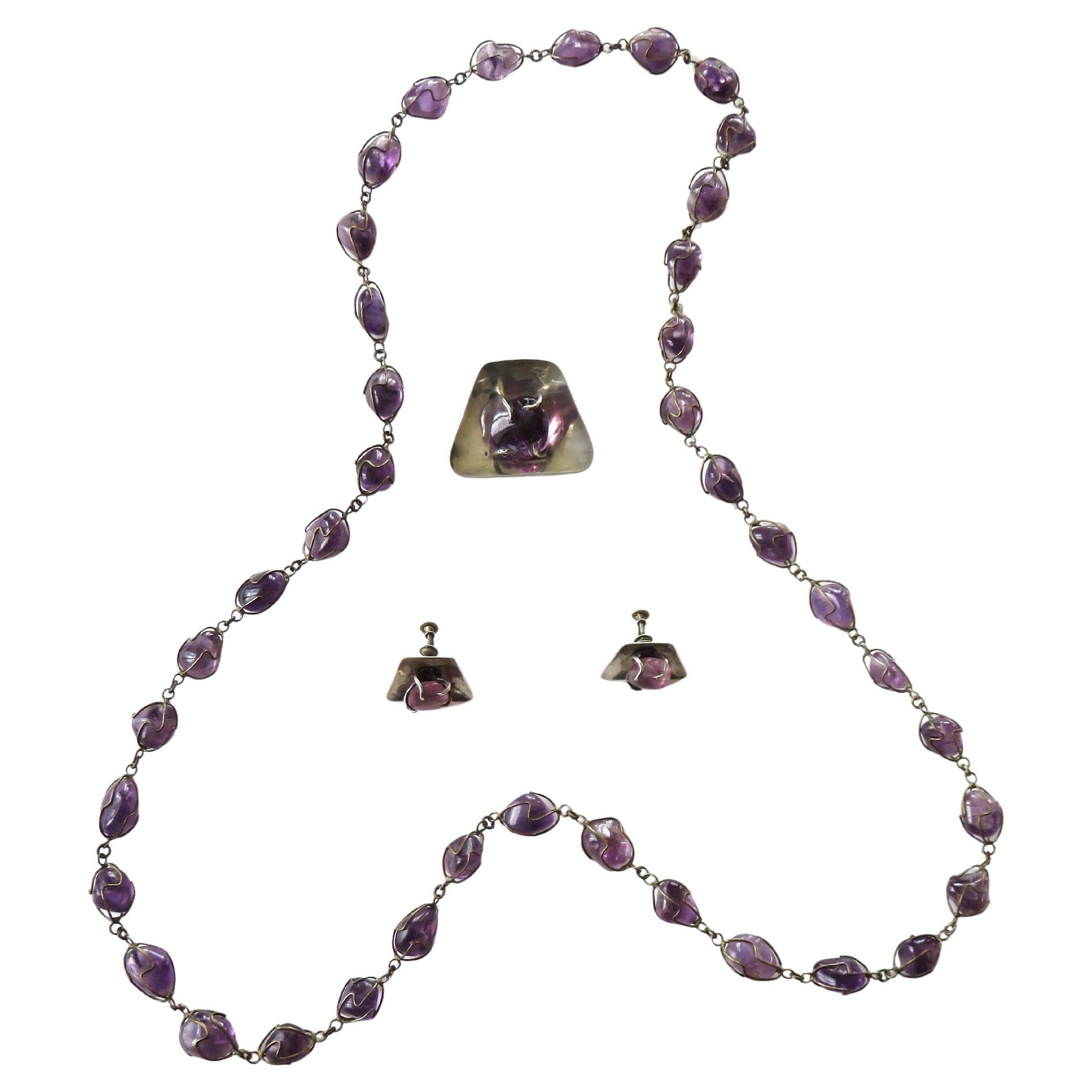 Collar de amatista y plata Broche y pendientes Años 50 en venta