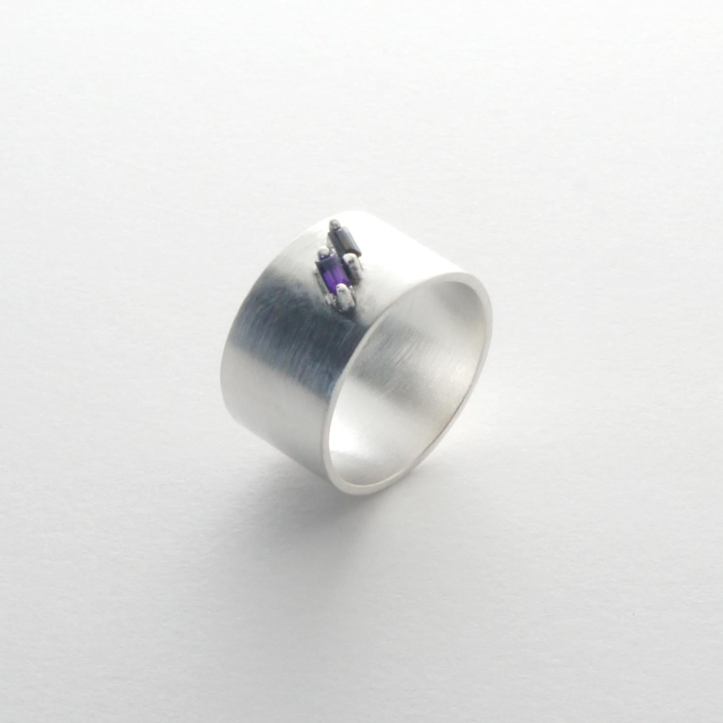 Baguette Cut Amethyst and Spinel sterling silver Wide Ring  size 5.5 For Sale
