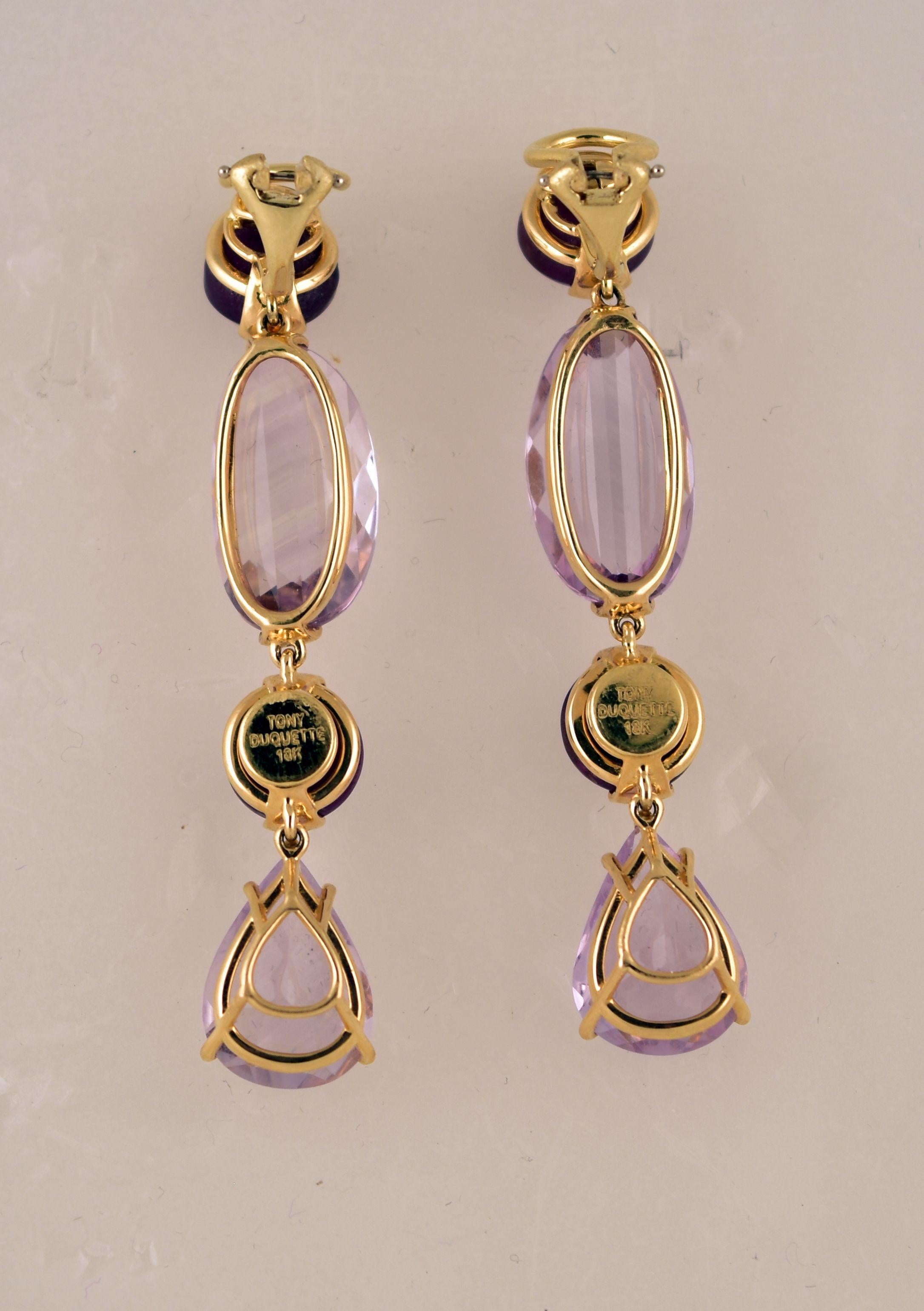 Contemporary Amethyst and Star Ruby Gold Drop Clip-On Earrings Tony Duquette Fine Jewelry