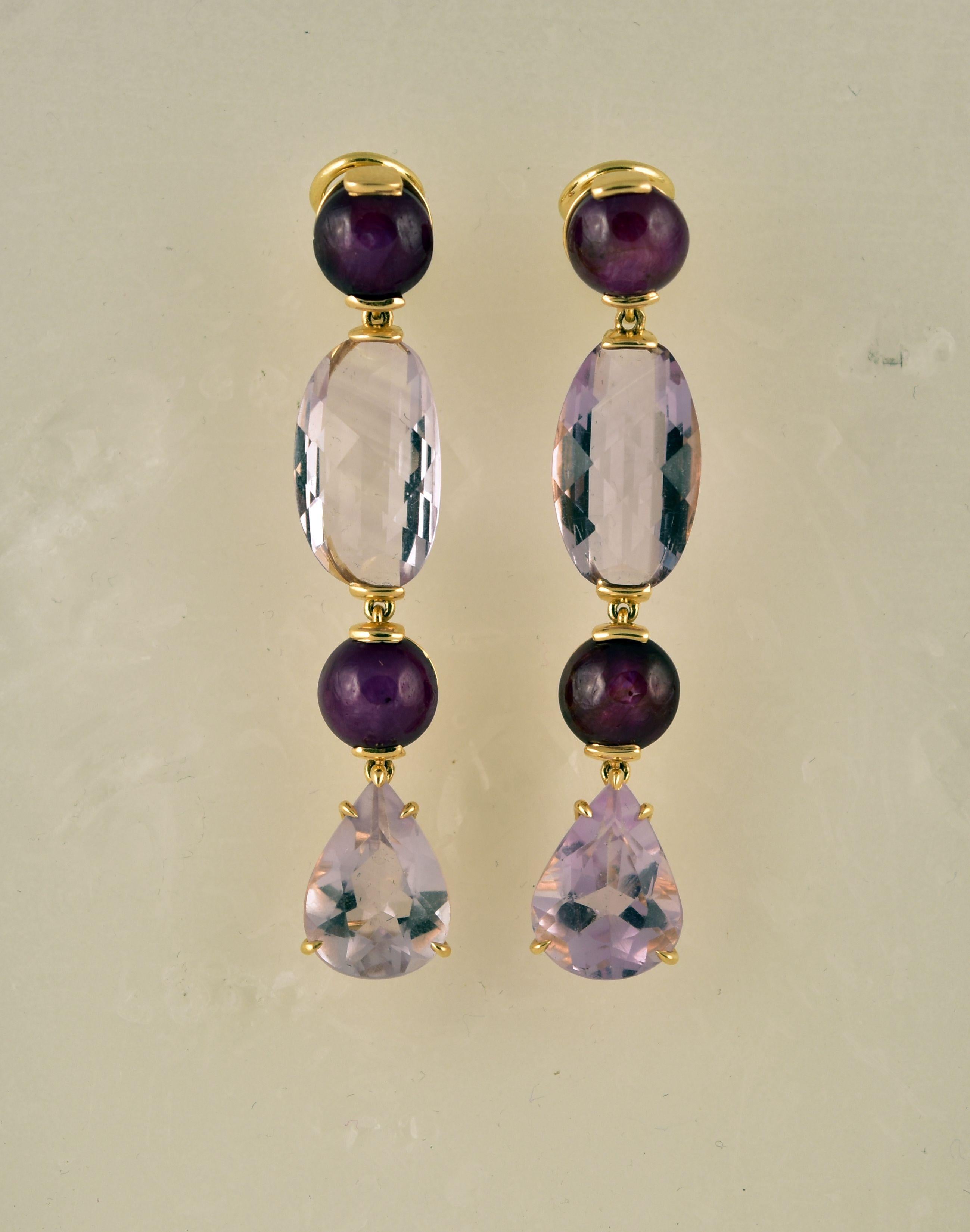 Mixed Cut Amethyst and Star Ruby Gold Drop Clip-On Earrings Tony Duquette Fine Jewelry