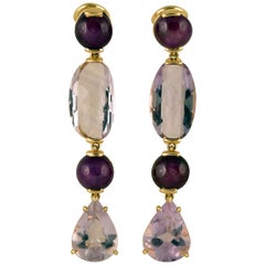 Amethyst and Star Ruby Gold Drop Clip-On Earrings Tony Duquette Fine Jewelry