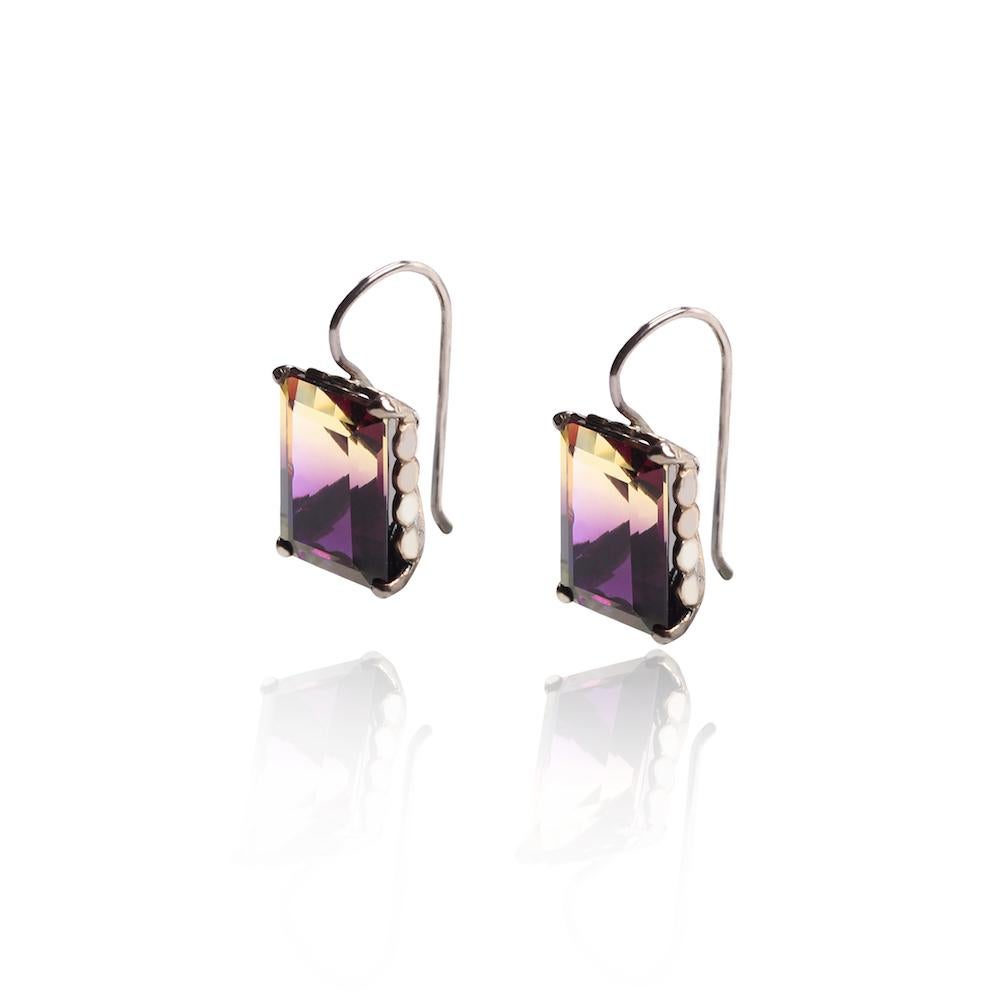 Emerald Cut Amethyst and Sterling Silver Square Drop Earrings For Sale