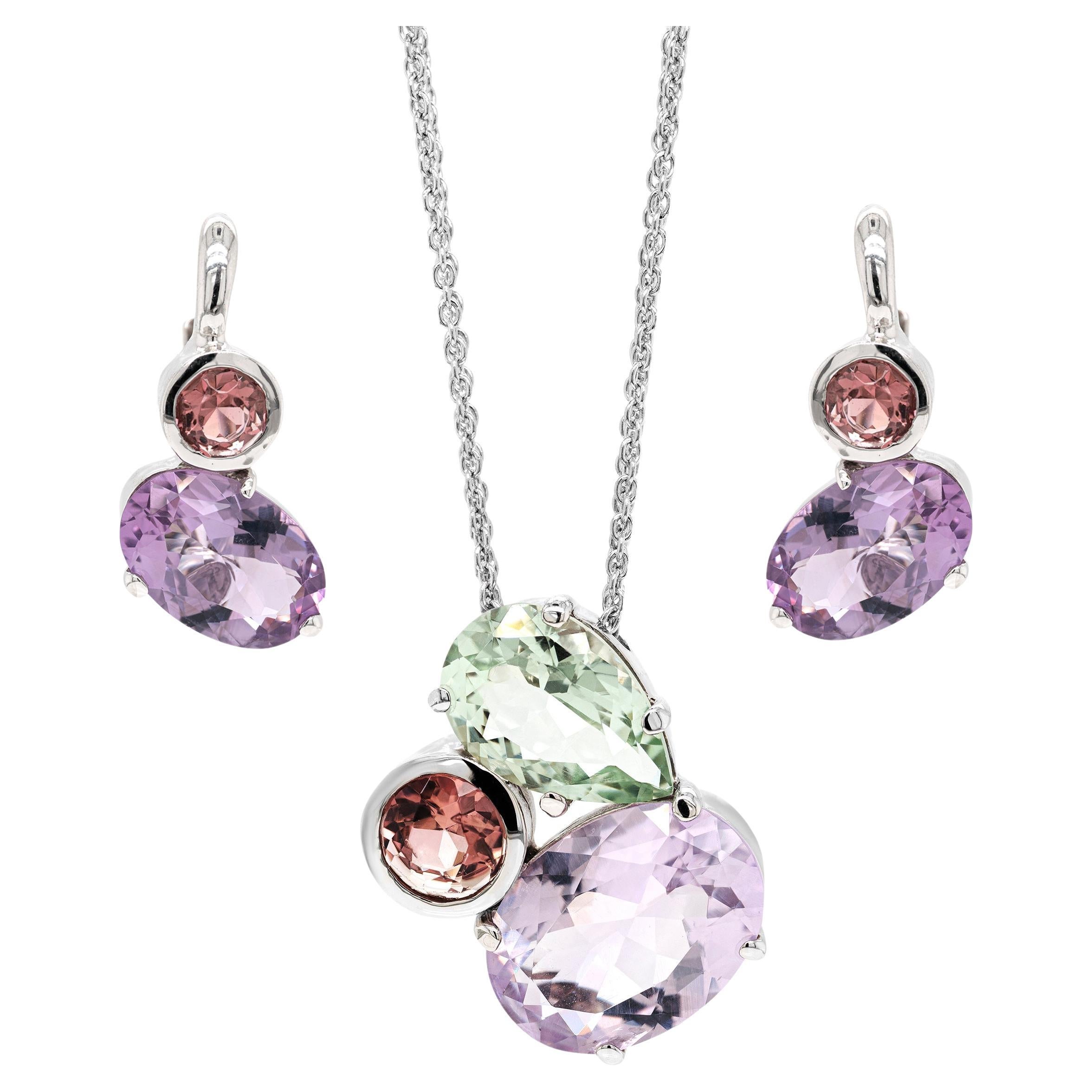 Amethyst and Tourmaline 18 Carat White Gold Earrings and Pendant Necklace Set For Sale