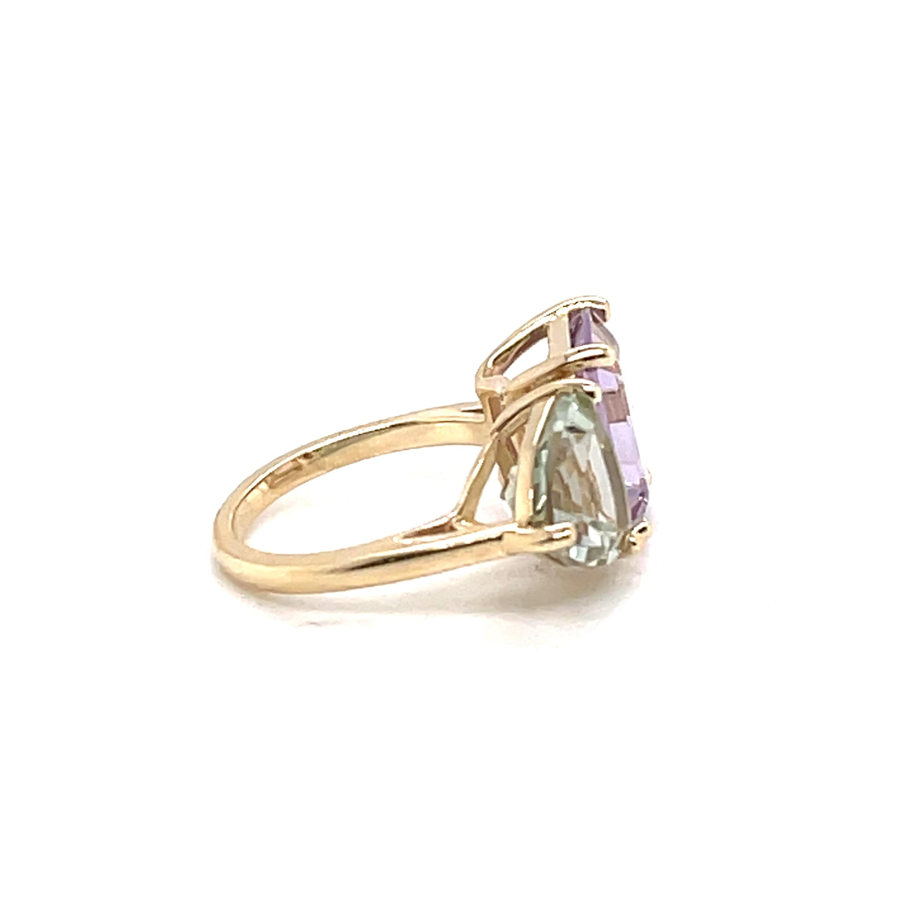 Amethyst Tourmaline Two Stone Ring 14 Karat Yellow Gold  In New Condition In New York, NY