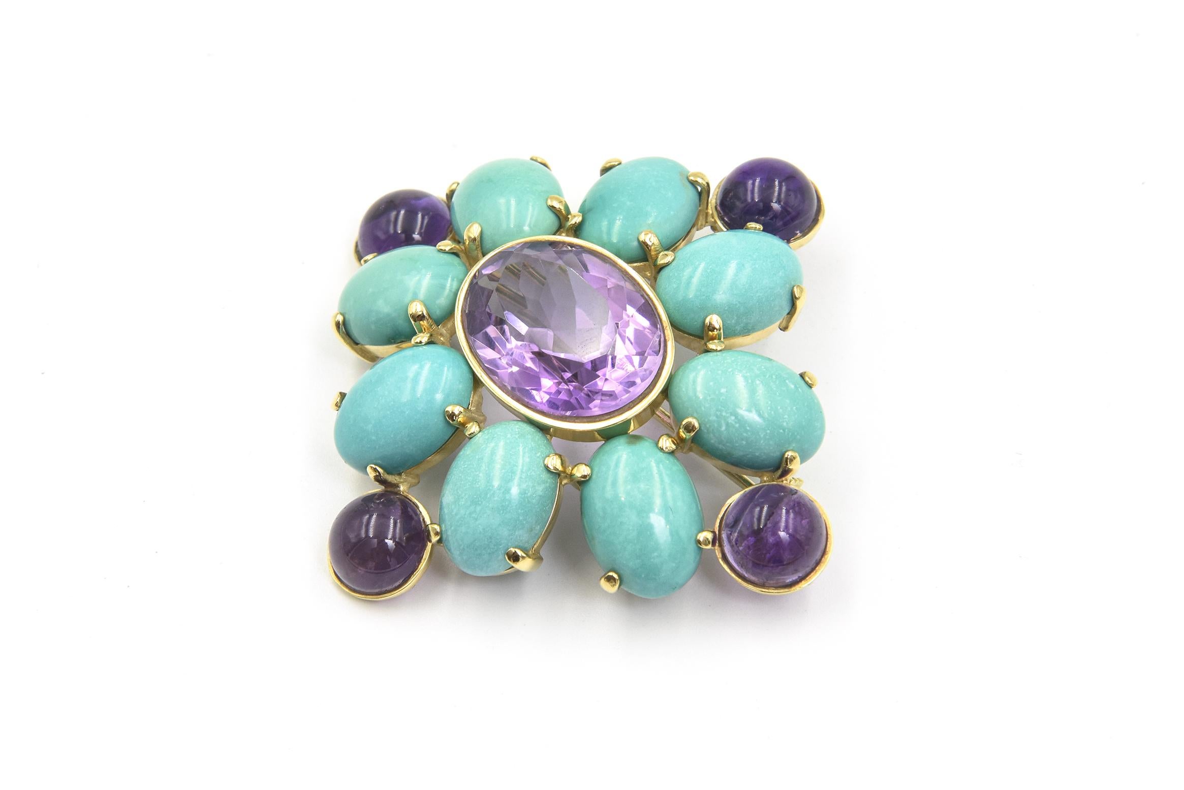 Oval Cut Amethyst and Turquoise Maltese Cross Yellow Gold Brooch For Sale