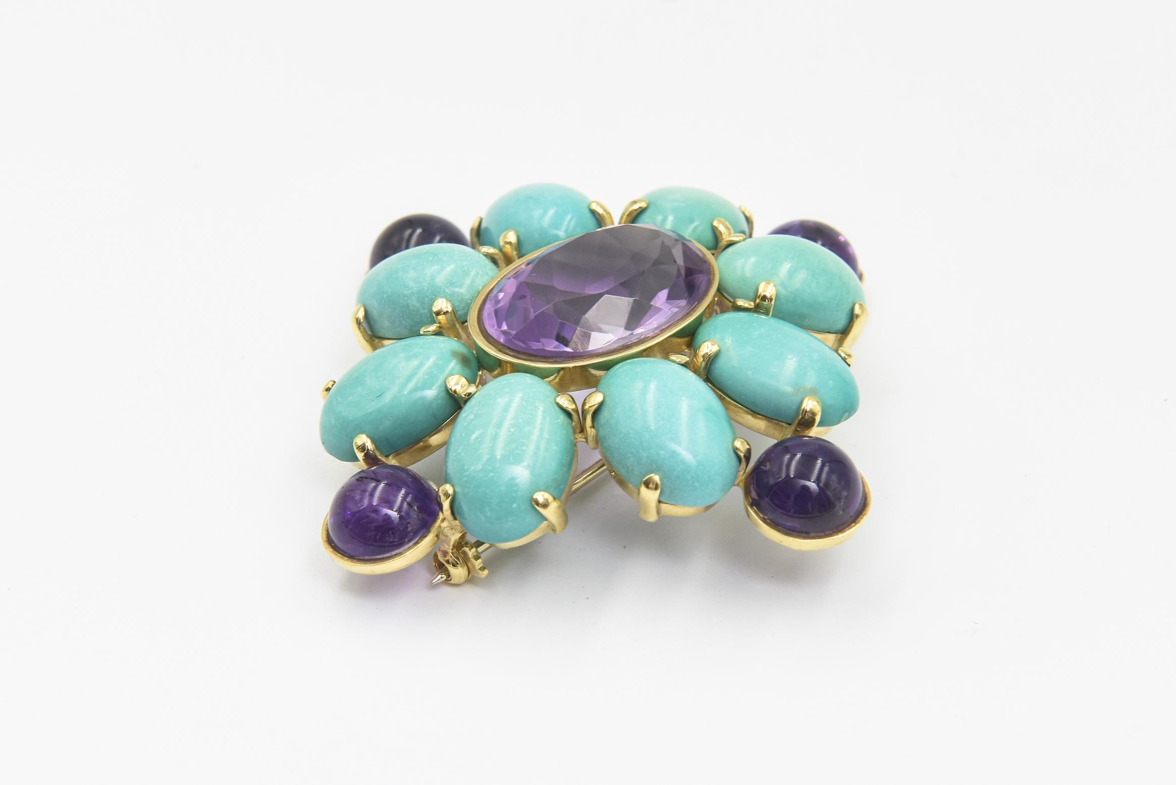 Amethyst and Turquoise Maltese Cross Yellow Gold Brooch In Good Condition For Sale In Miami Beach, FL