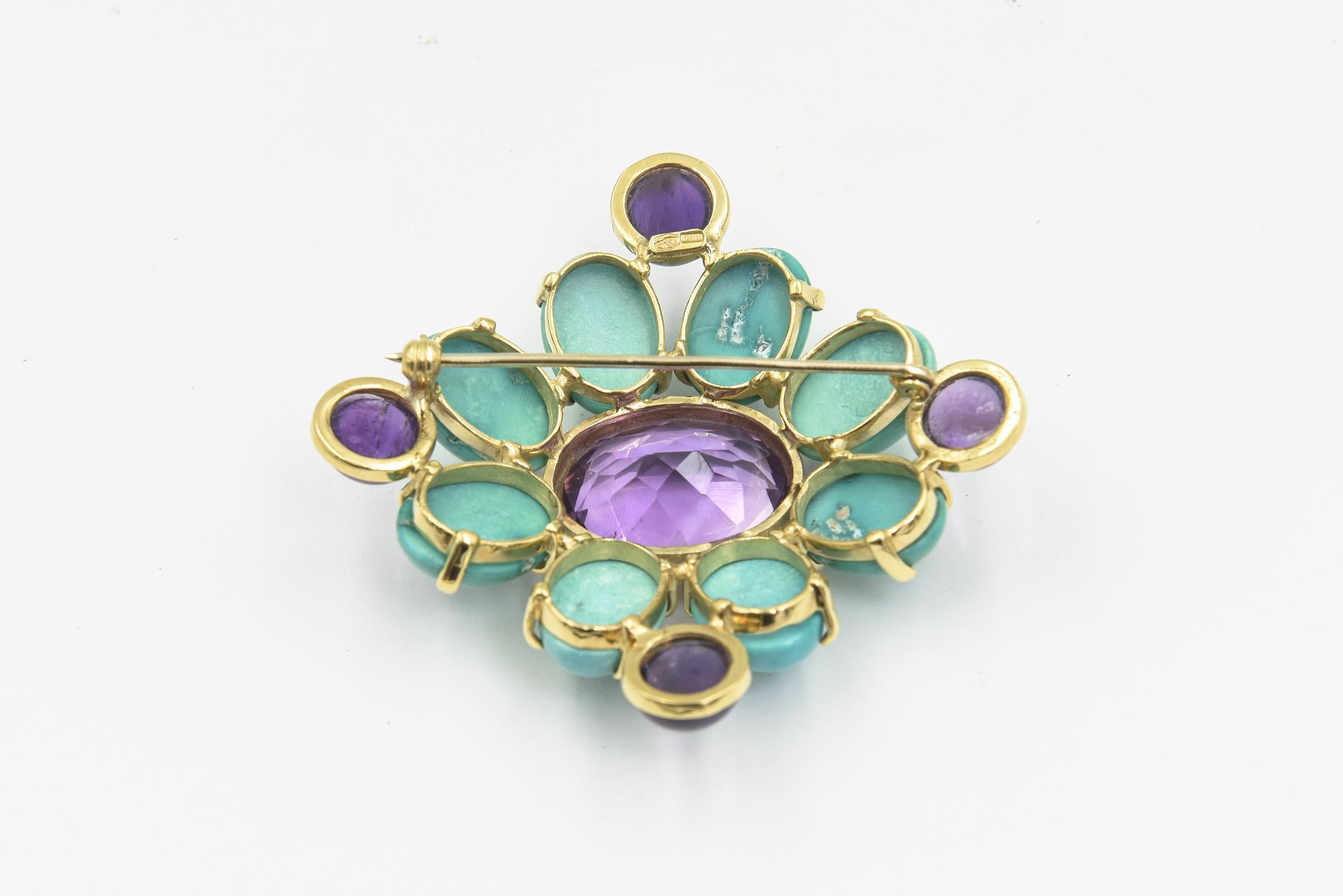 Women's or Men's Amethyst and Turquoise Maltese Cross Yellow Gold Brooch For Sale