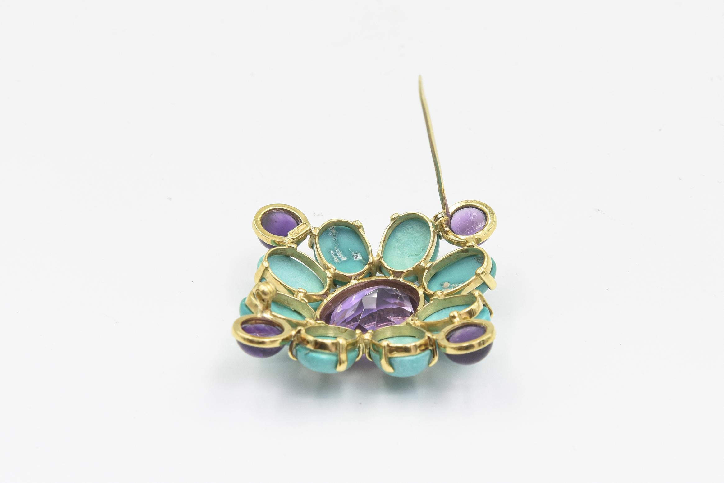 Amethyst and Turquoise Maltese Cross Yellow Gold Brooch For Sale 1