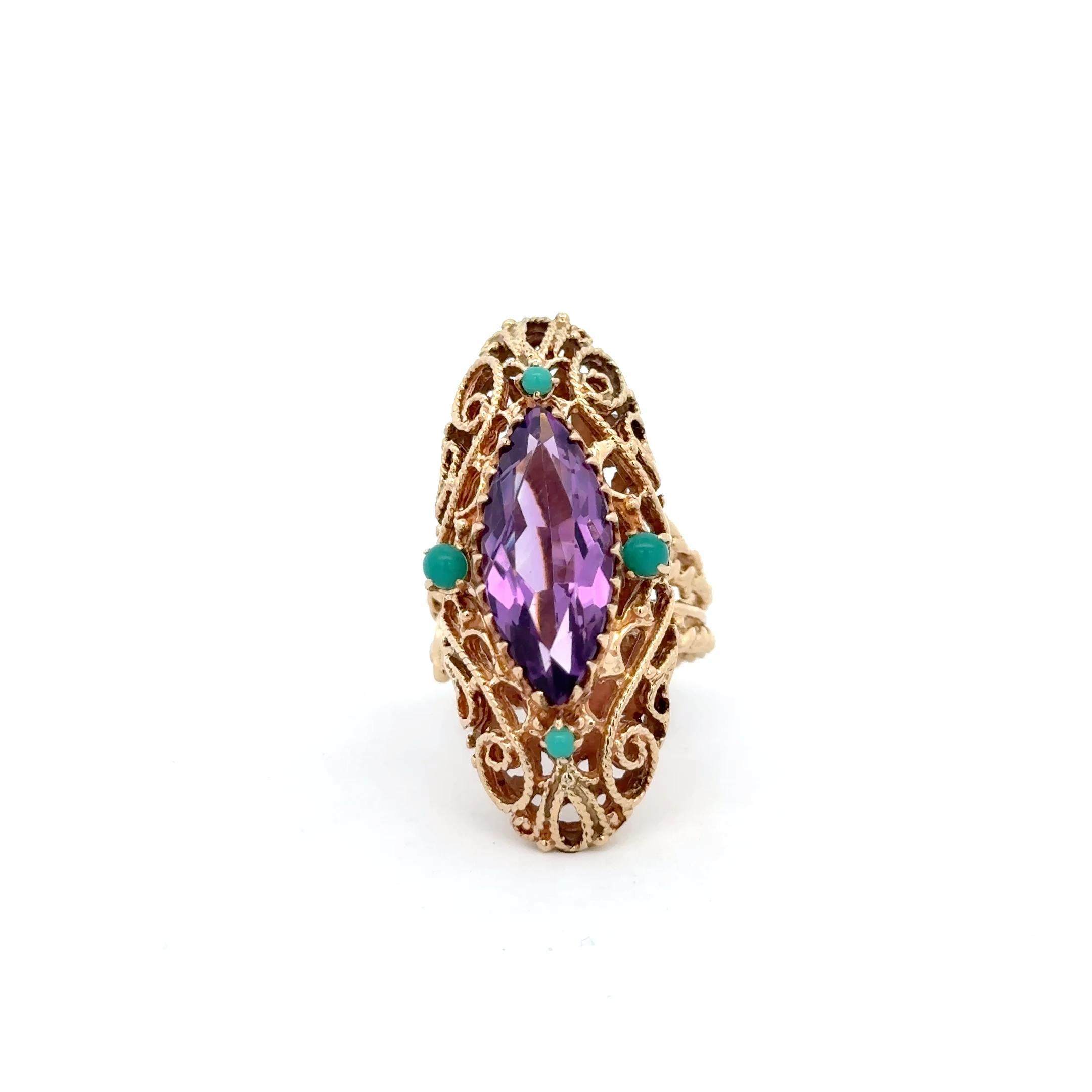 Taille Marquise Bague en or jaune 14K avec améthyste et turquoise en vente