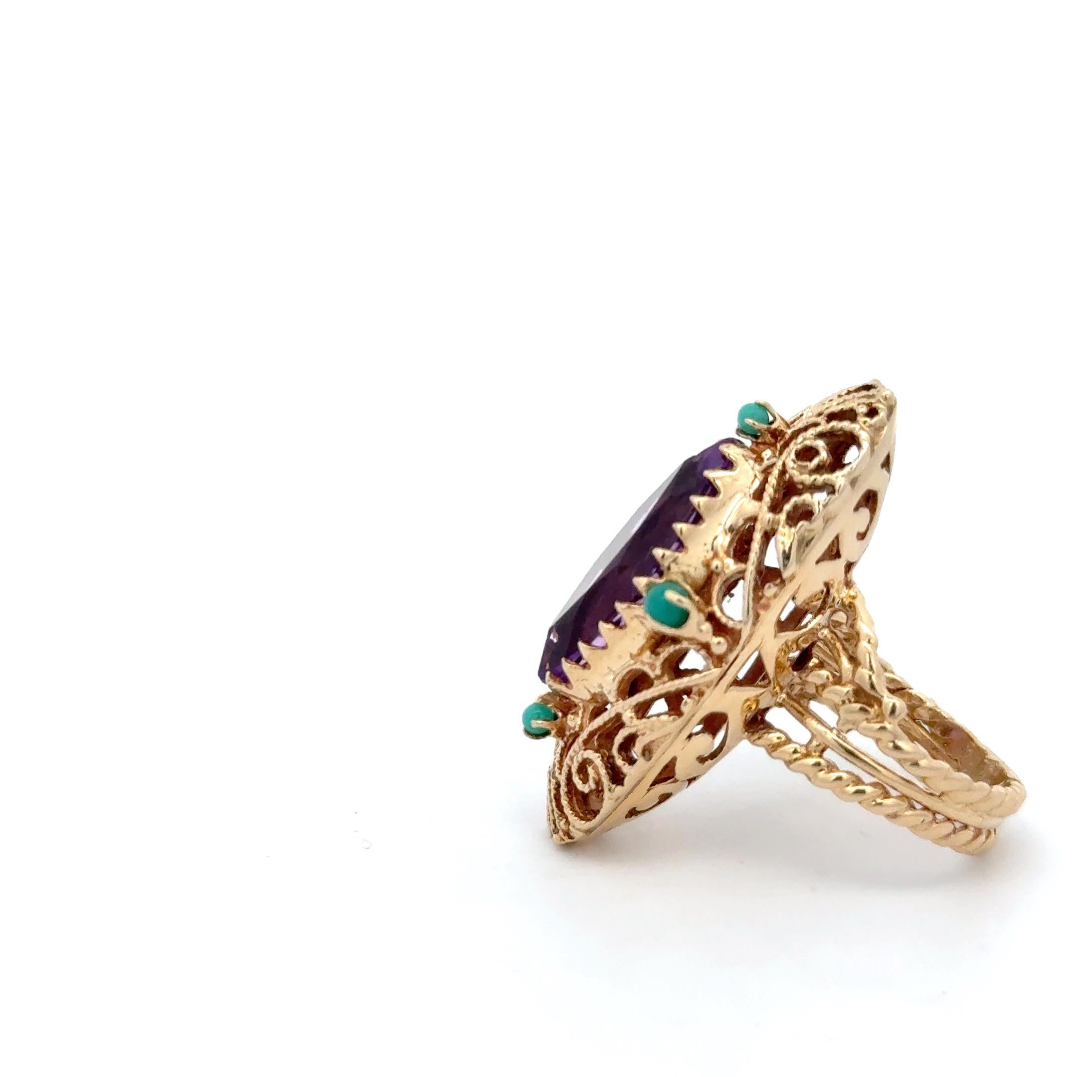 Bague en or jaune 14K avec améthyste et turquoise Excellent état - En vente à Dallas, TX