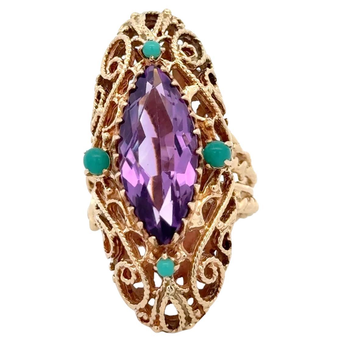 Bague en or jaune 14K avec améthyste et turquoise