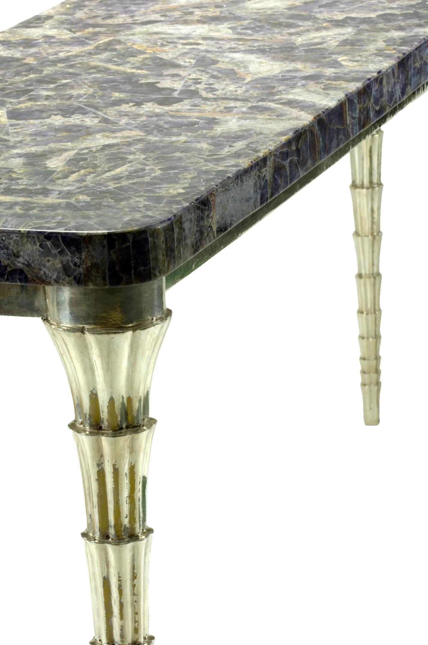 Hand-Carved Amethyst and White Bronze Clad Cornet Table Handcrafted in India by Paul Mathieu For Sale