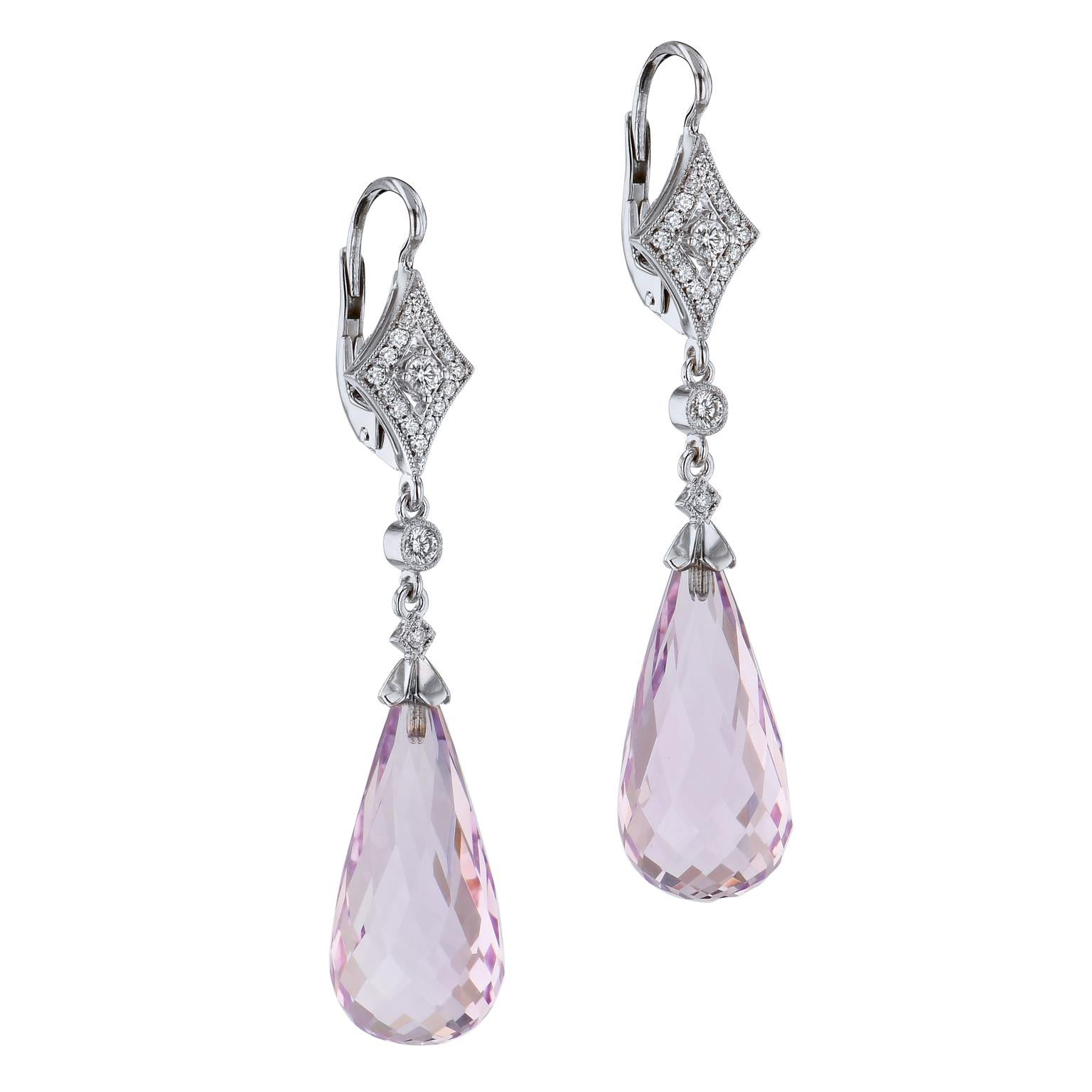 23.80 carats of Amethyst Briolette Cut Stones with Pave Diamonds in 18 karat White Gold Earrings

These stunning earrings are a handmade, one of a kind creation by H&H Jewels.  
They feature briolette cut 23.80 carats of Amethyst stones that dangle
