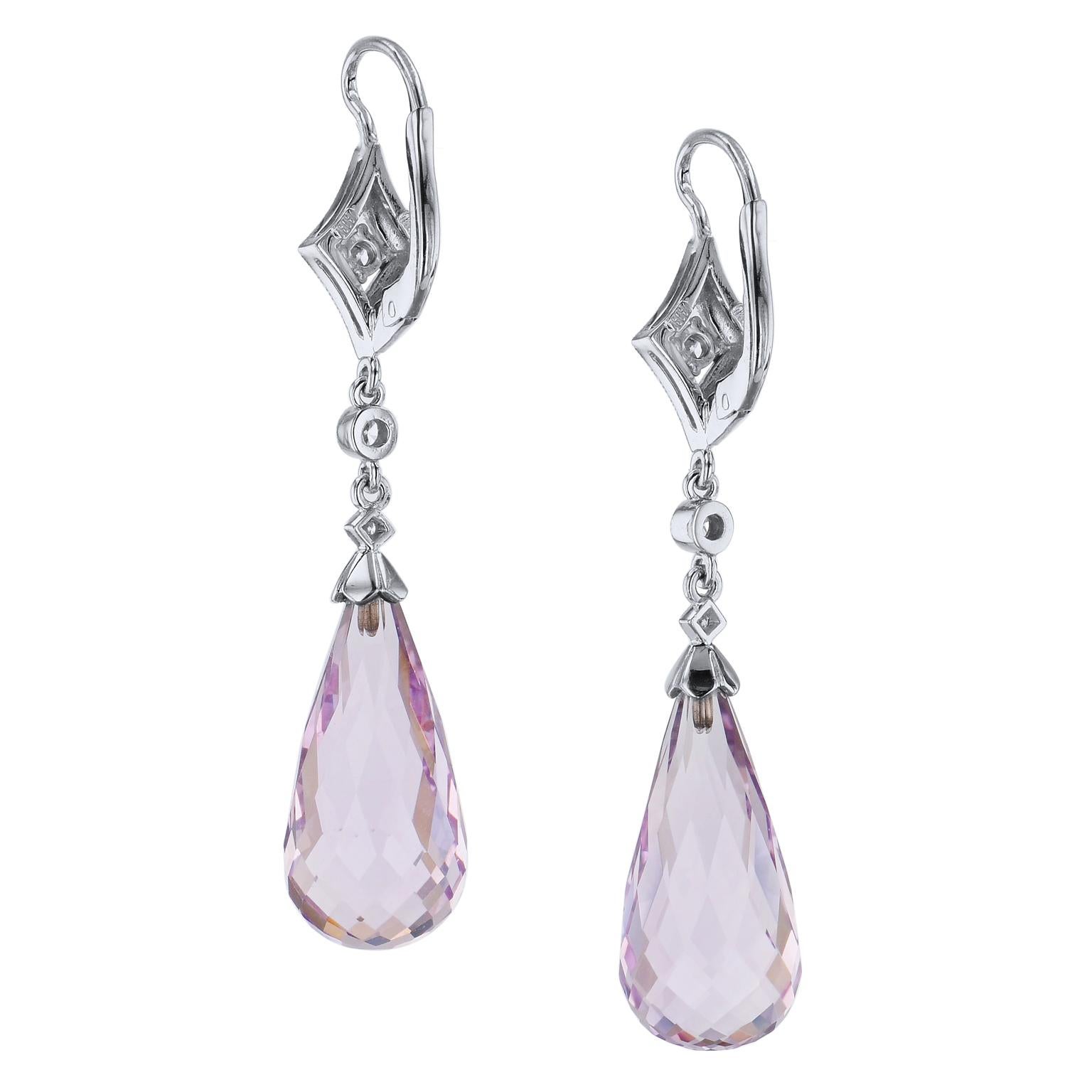 Briolette Cut 23.80 Carats of Amethyst Briolettes Pave Diamonds in 18 kt White Gold Earrings