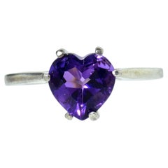 Amethyst and White Gold Ring Centering a Fine Heart Shaped Vivid Purple Amethyst