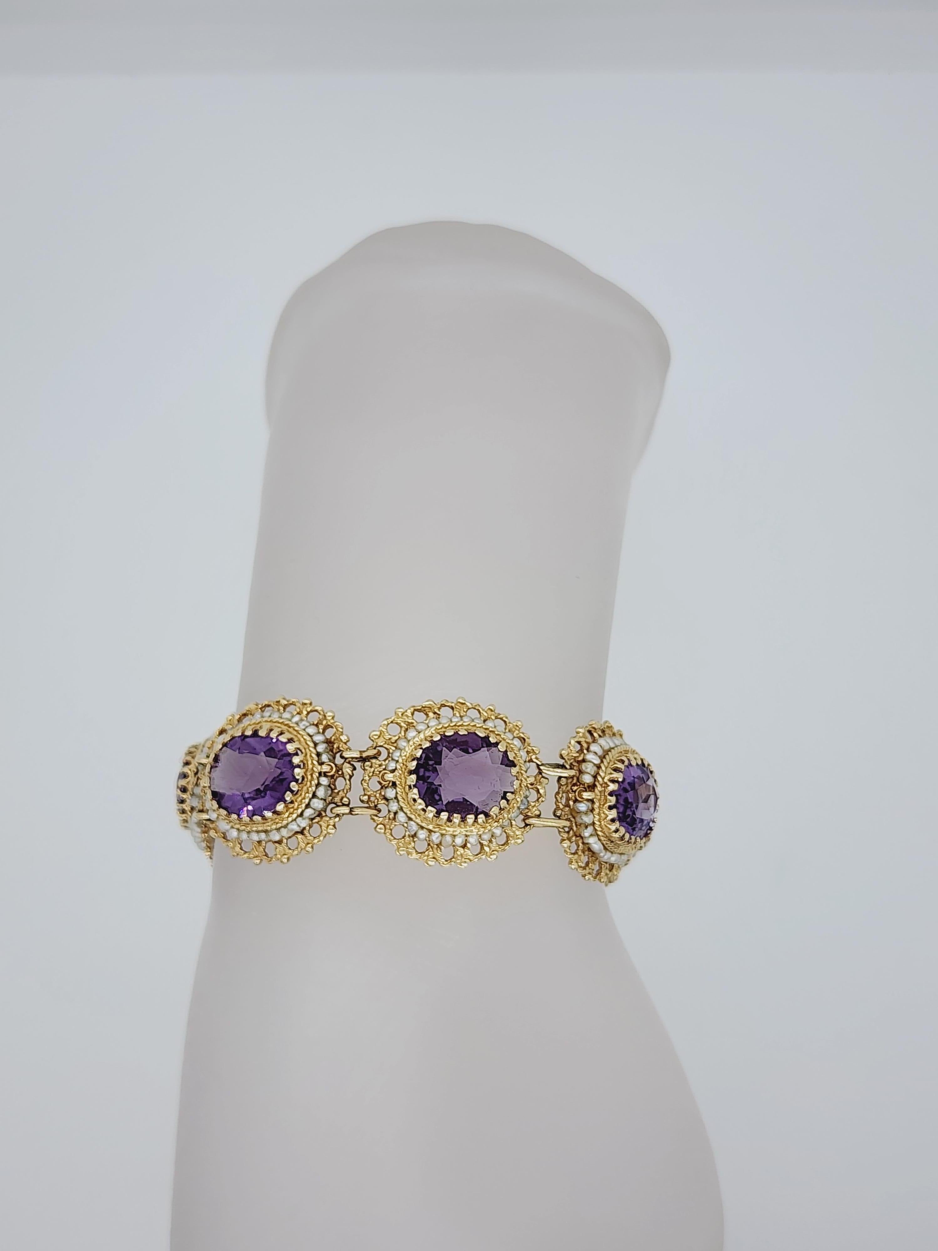 Oval Cut Amethyst and White Pearl Bracelet in 14k Yellow Gold For Sale