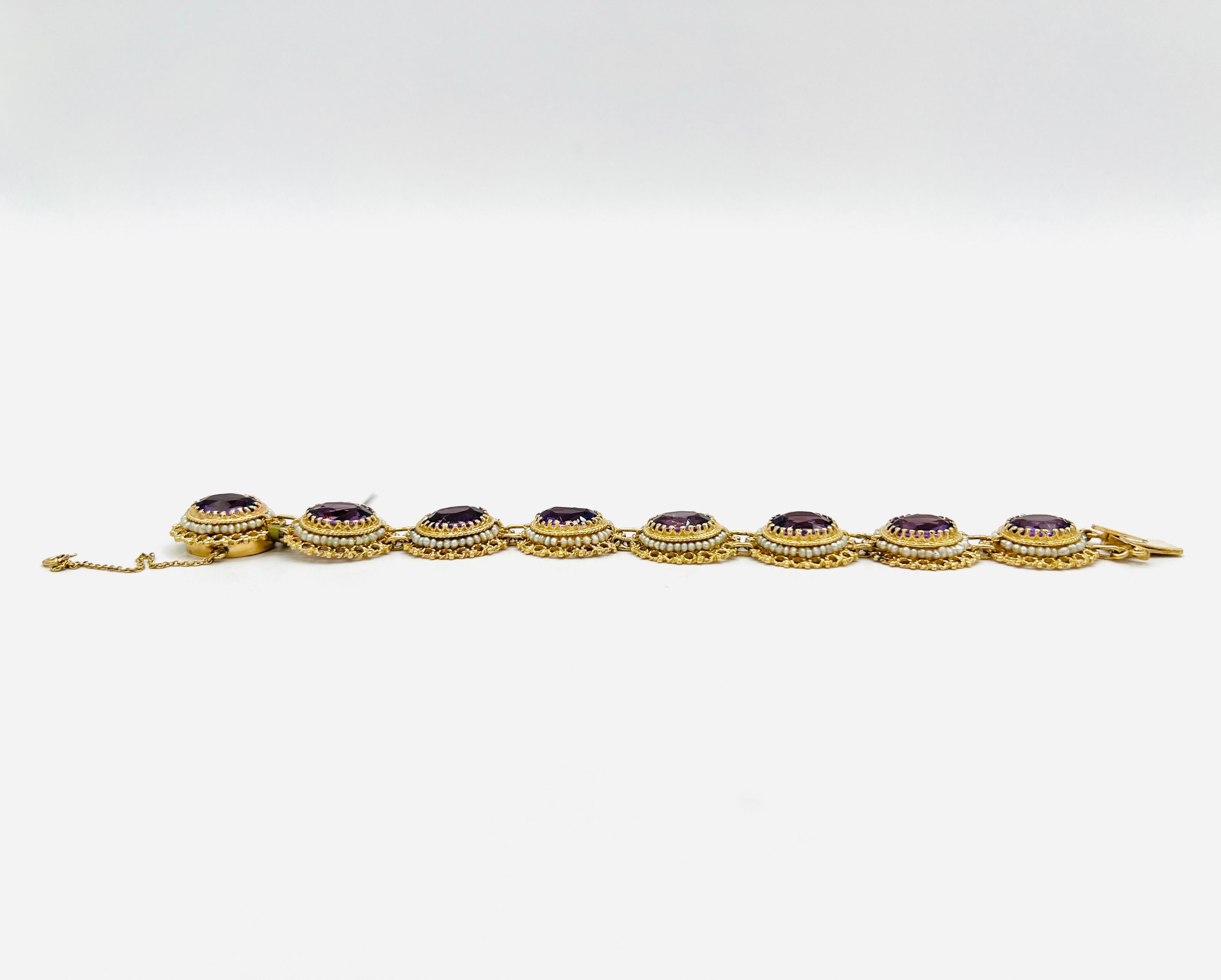 Bracelet d'améthystes et de perles blanches en or jaune 14 carats Unisexe en vente