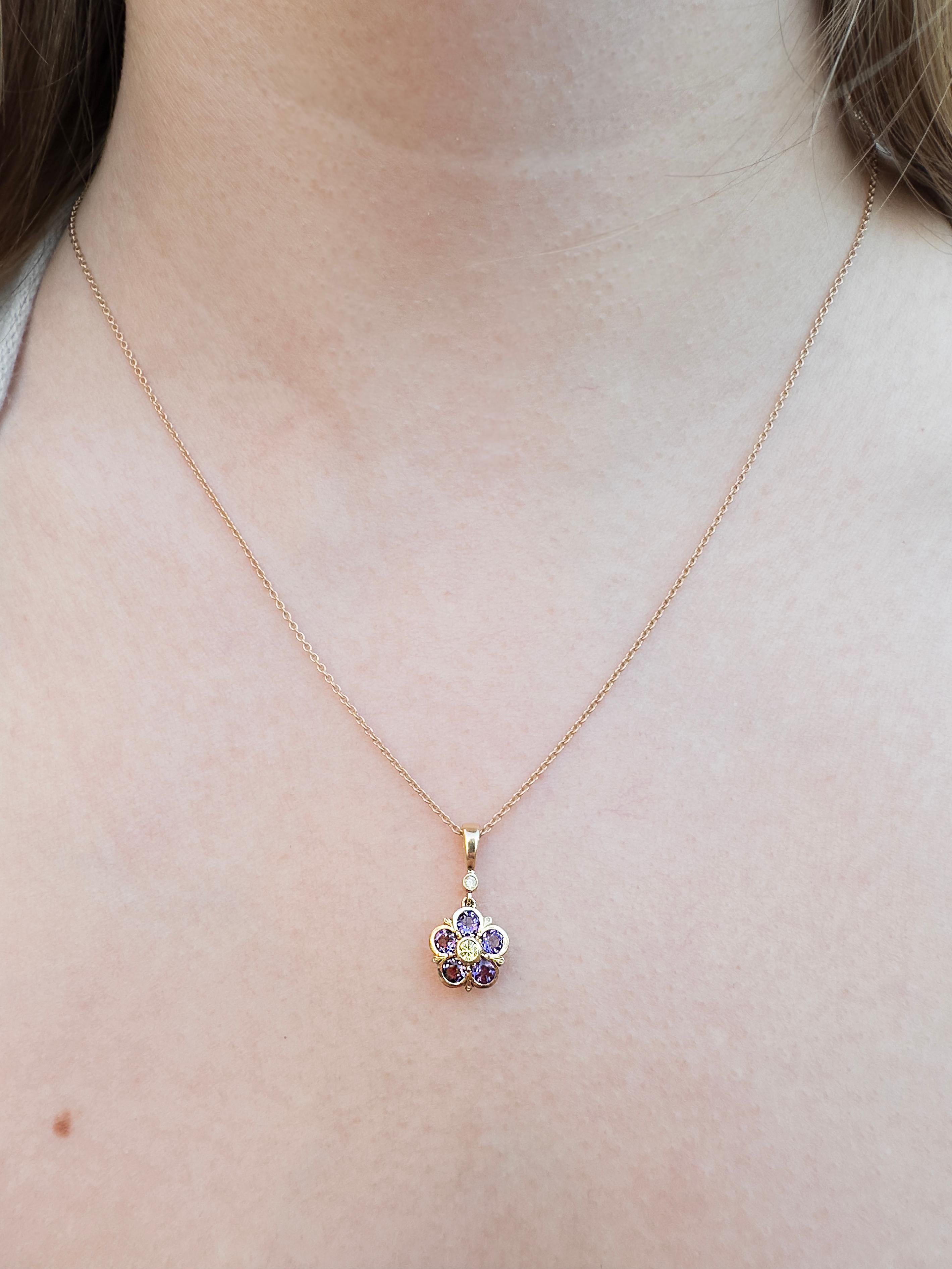 Brilliant Cut Amethyst and Yellow Diamond Rose Floral Yellow Gold Pendant Necklace For Sale