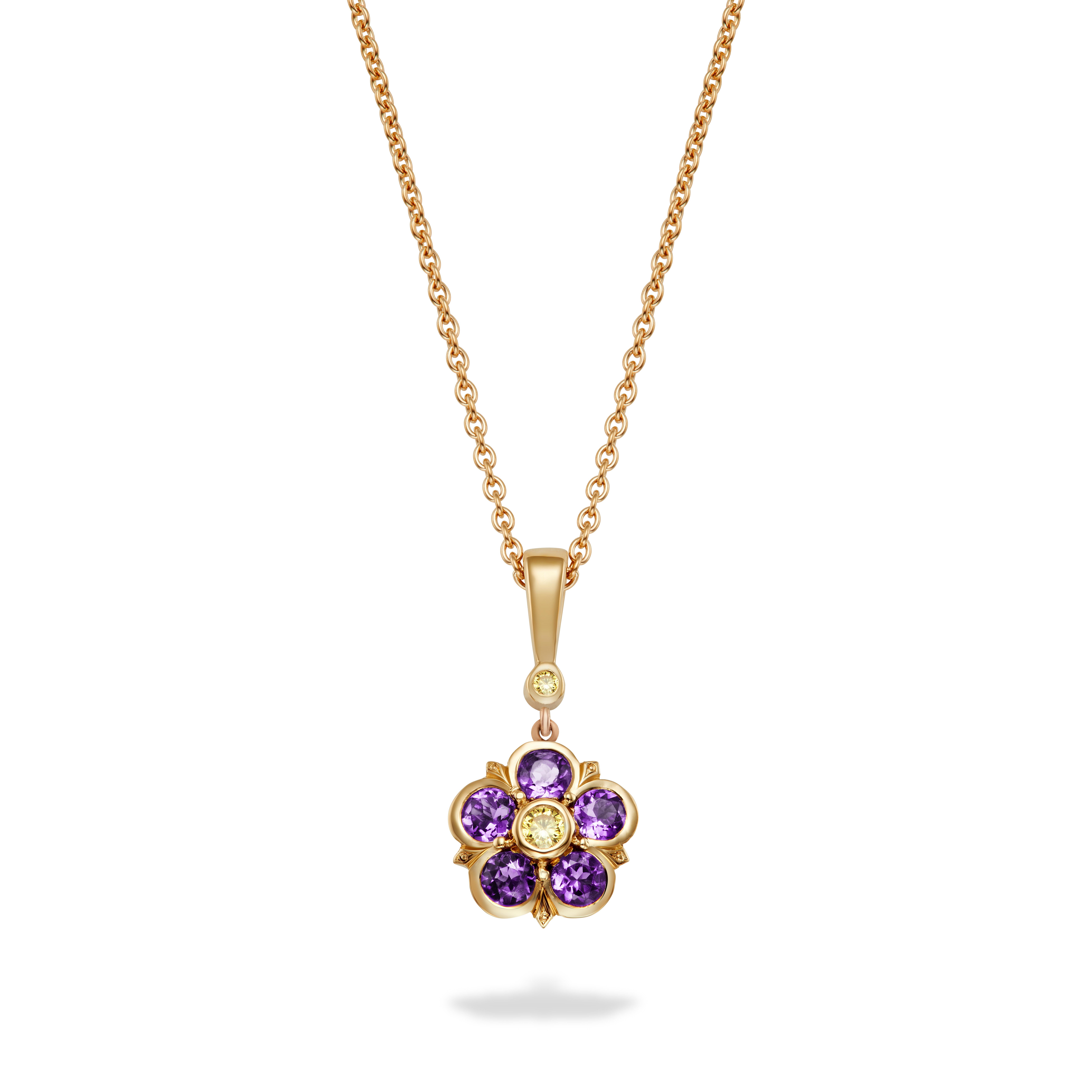 Amethyst and Yellow Diamond Rose Floral Yellow Gold Pendant Necklace For Sale