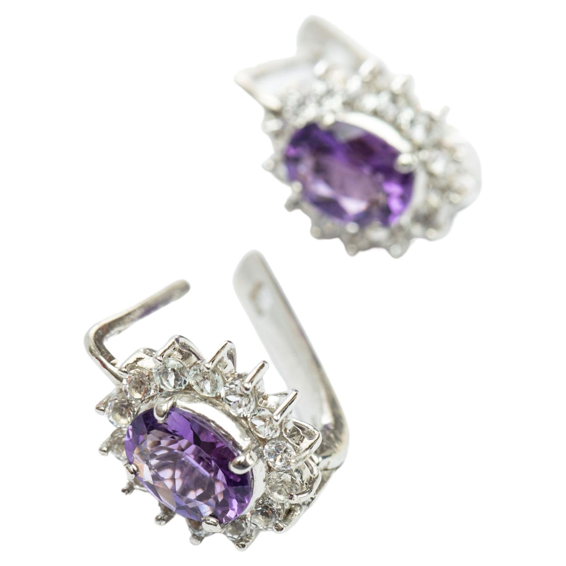 2.5ct Oval Amethyst Plug Earrings Platinum Silver For Sale