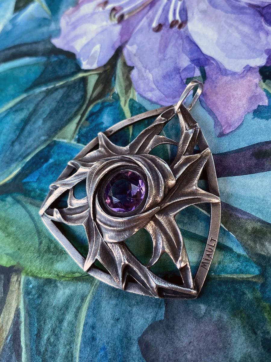 Women's or Men's Amethyst Antique Silver Pendant Royal Purple Gemstone Magic Amulet Henri Miault For Sale