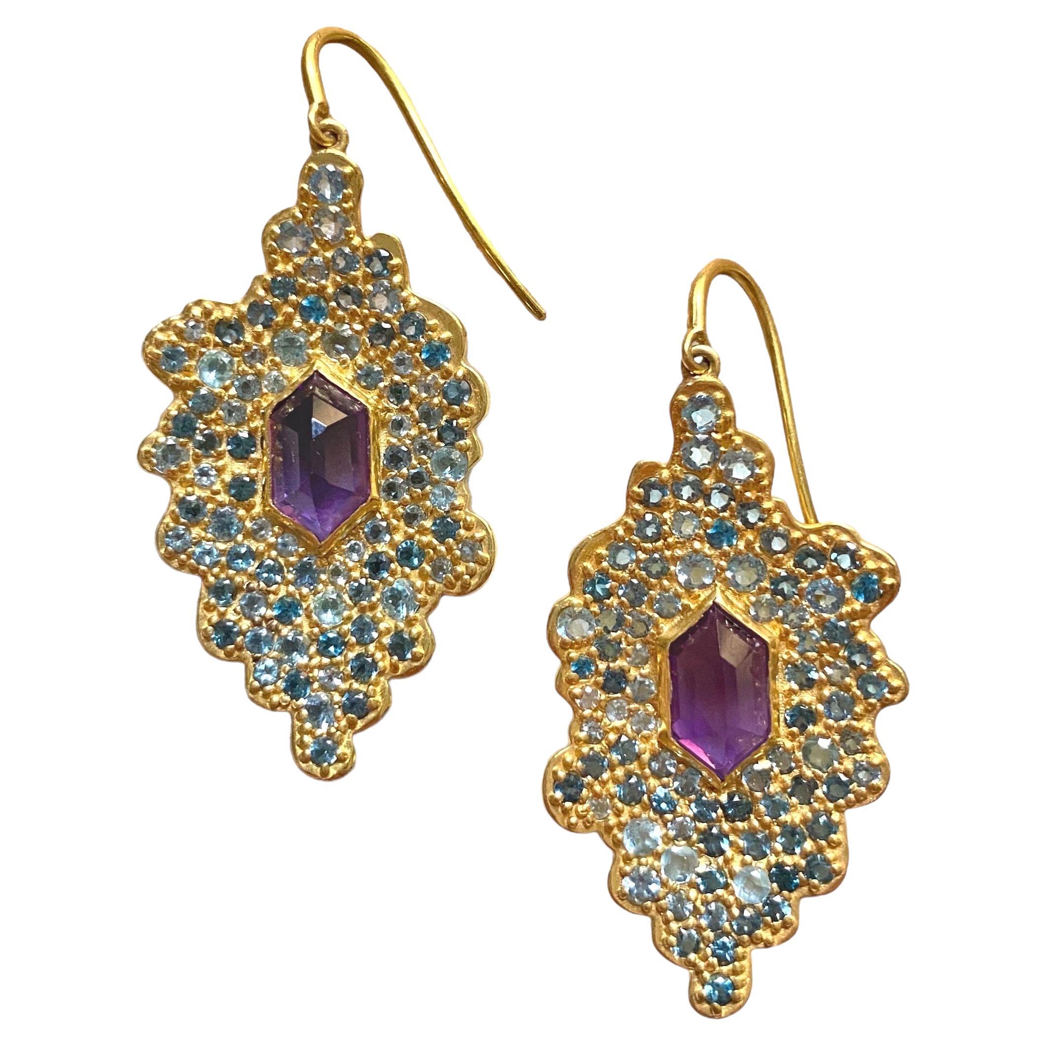 Amethyst, Aquamarine and 18kt Gold Earrings by Lauren Harper For Sale