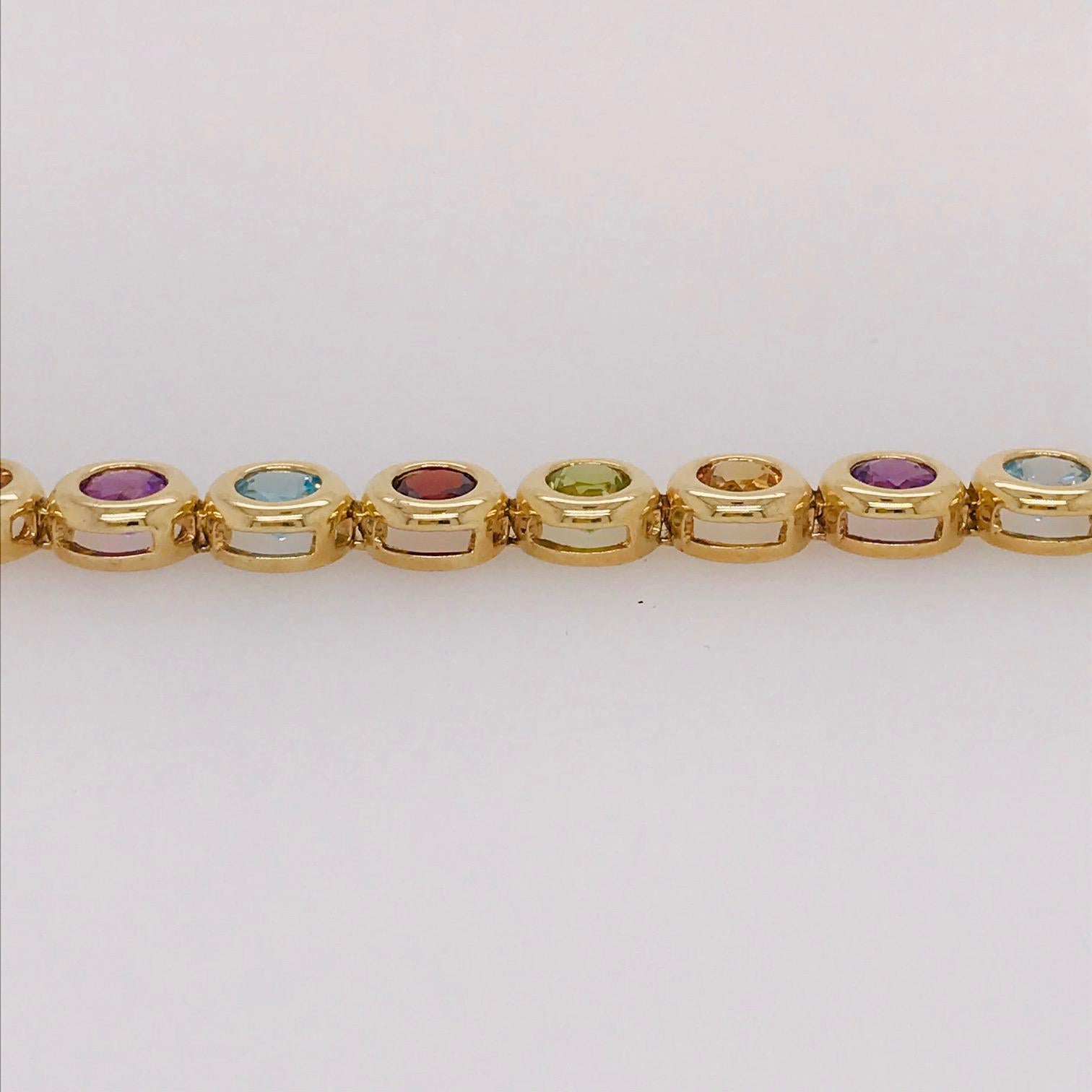 Retro Amethyst Aquamarine Citrine Garnet Peridot Gemstone Bracelet in 14 Karat Gold